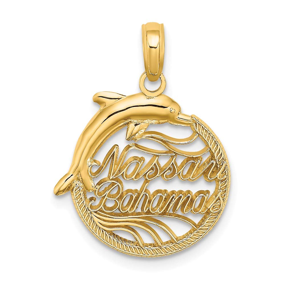 14K Yellow Gold Nassau Bahamas Disk with High Polish Dolphin Pendant - Elegant Jewelry for Women | Perfect for Beach Vacations, Gift Giving & Special Occasions