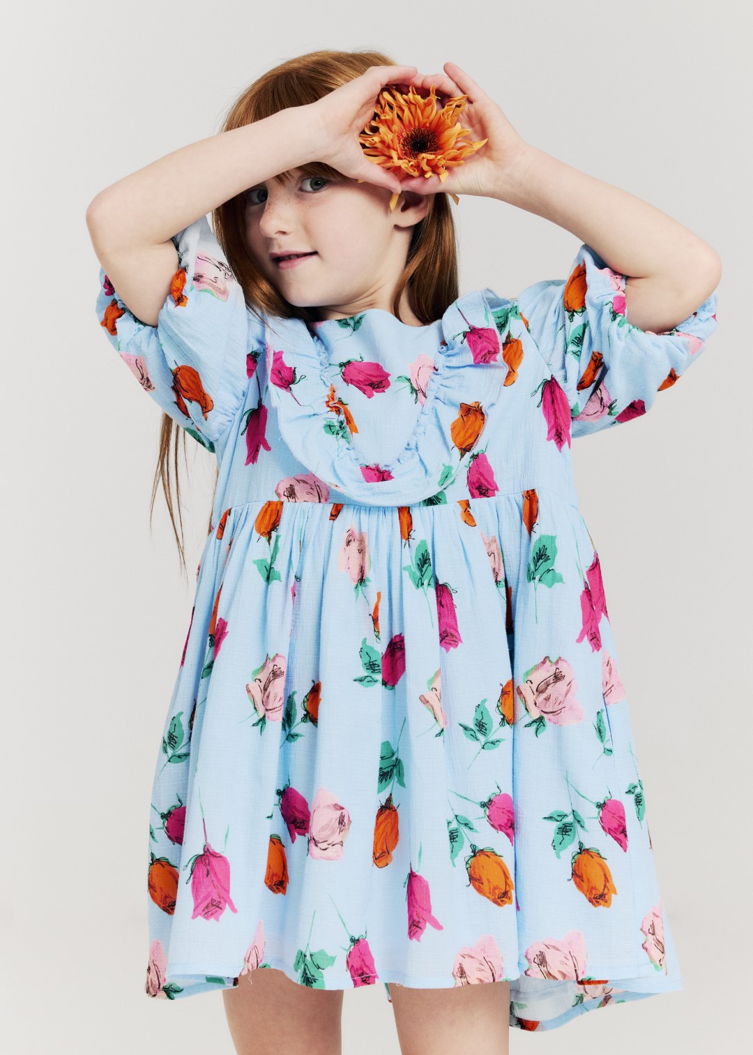 Morley Sky Blue Ruffle Chest Dress - Elegant Floral Print Women's Party Dress for Weddings, Dates & Special Occasions