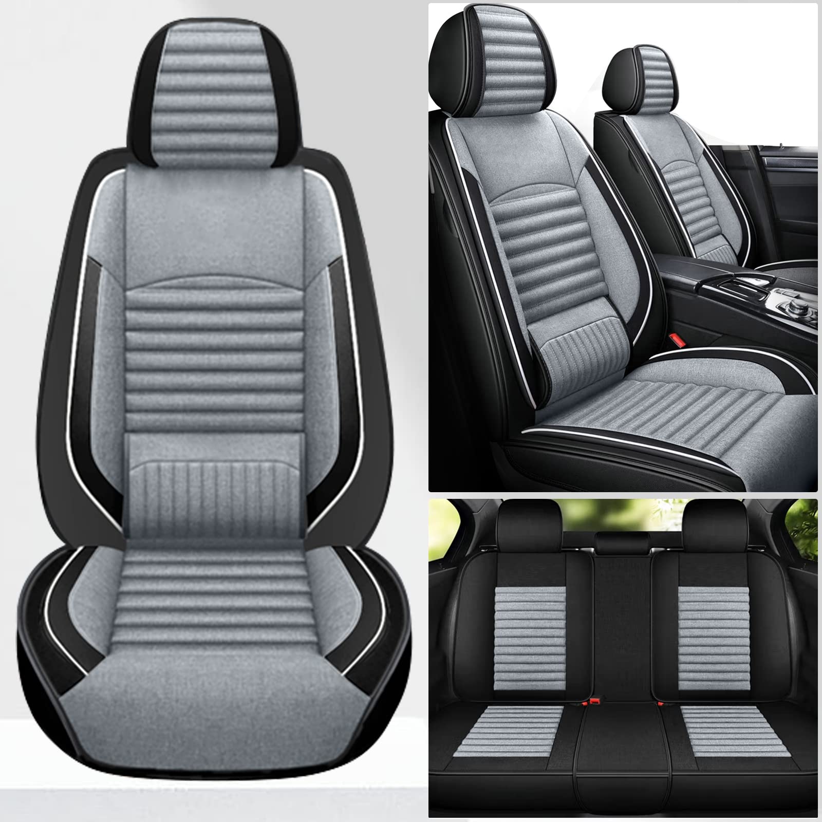 TTX Custom Waterproof Leather & Breathable Linen Car Seat Cover for 2010-2023 Subaru Outback - Airbag Compatible Seat Protector (Gray & White) - Perfect for Road Trips, Daily Commutes & Pet Protection