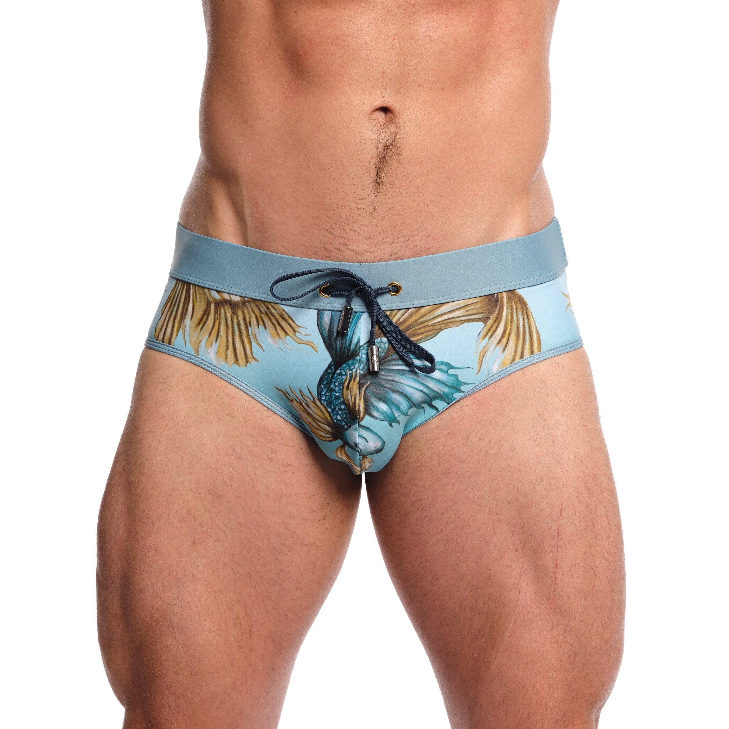 Premium Blue Swim Briefs for Men - Comfortable & Stylish Fighting Fish Design - Perfect for Swimming, Beach & Pool Activities