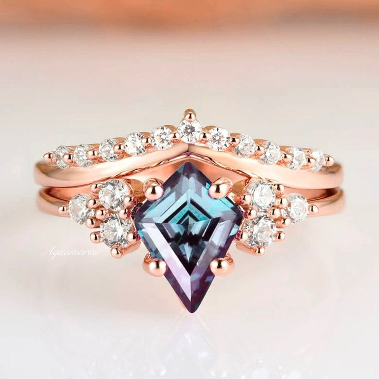 14K Solid Rose Gold Alexandrite Ring Set for Women | Elegant Skylar Jewelry for Engagement, Anniversary & Special Occasions