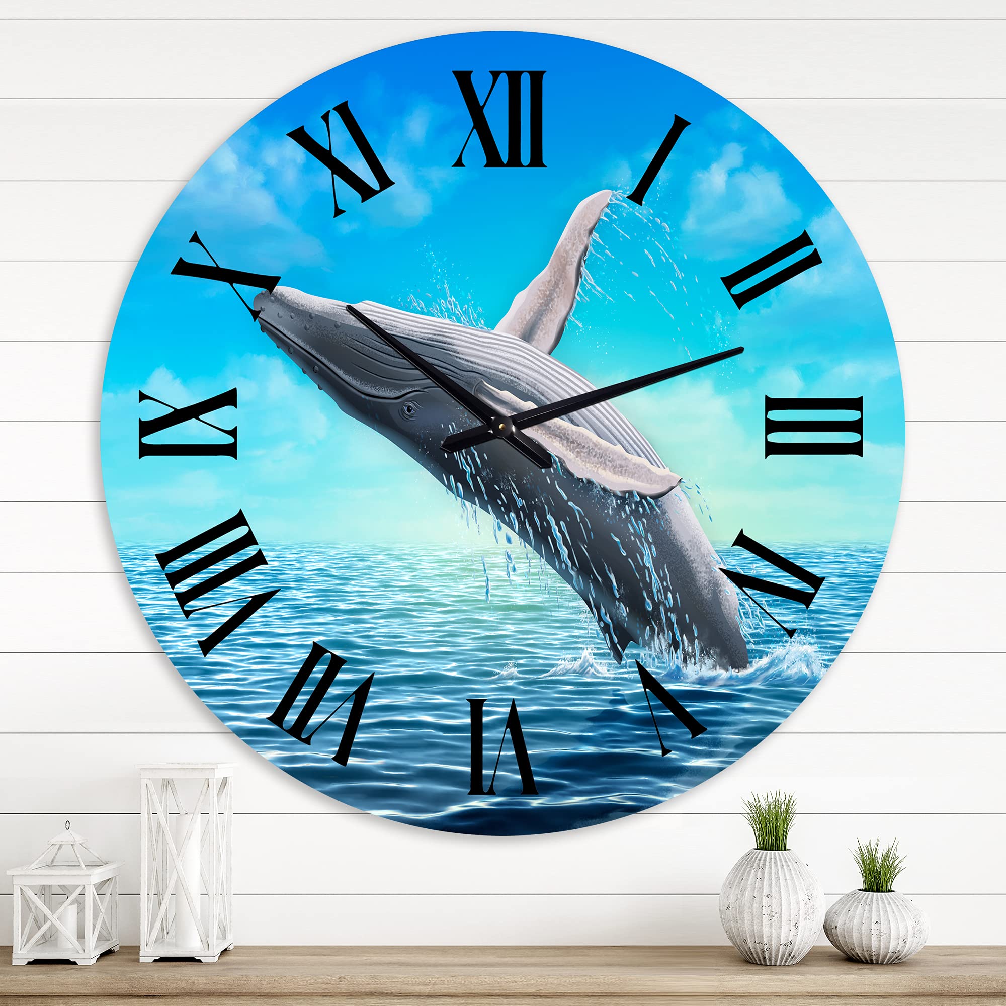 Farmhouse Wall Clock with Humpback Whale Design - Large Nautical Beach Decor for Living Room, Kitchen, Office | Rustic Coastal Home Décor