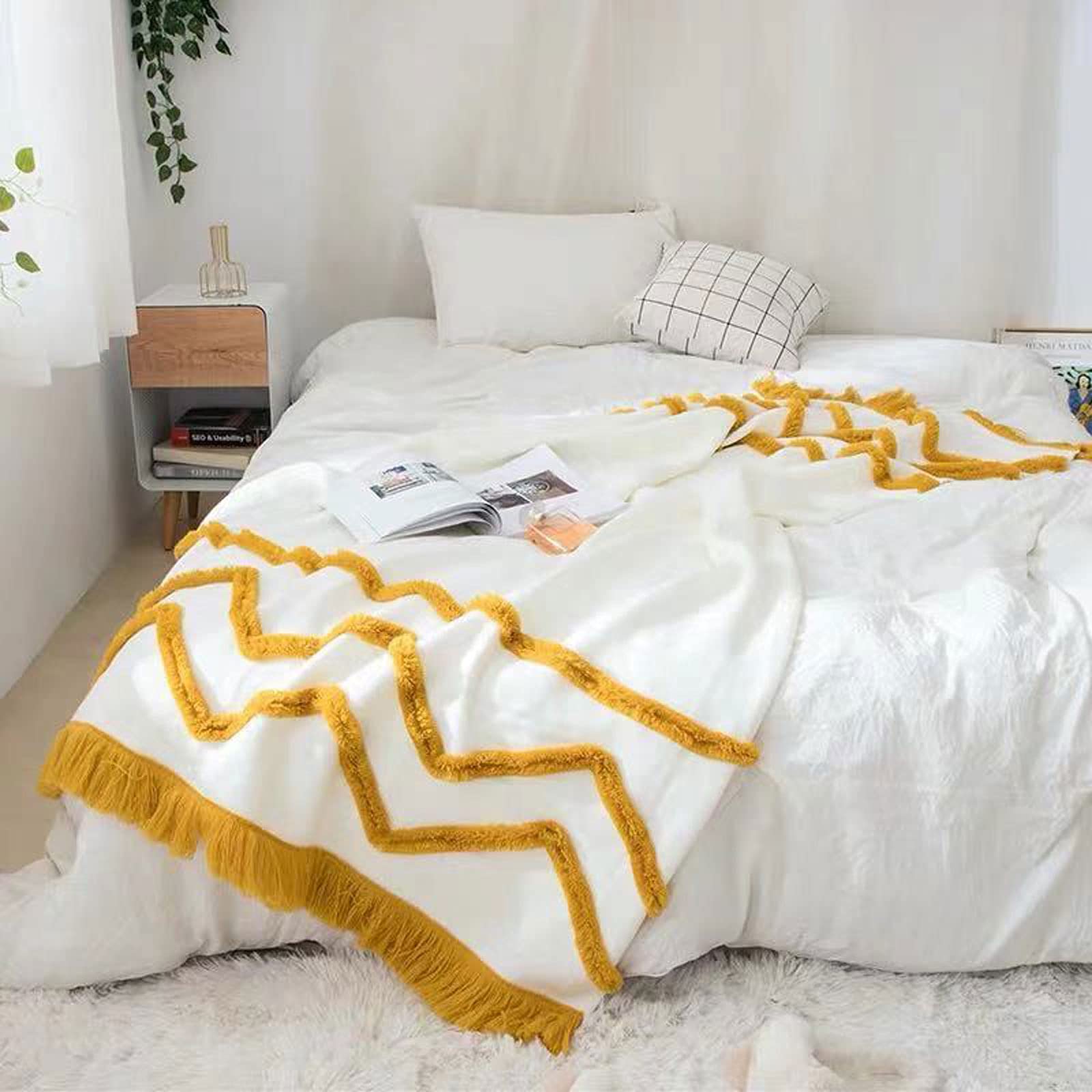 AIKES Soft Knitted Tassel Throw Blanket - Boho Fluffy & Cozy Washable Blanket for Sofa, Bed & Living Room - Warm Home Decor Blanket (Turmeric, 51x63 inches) - Perfect for Cozy Nights, Netflix Binges & Boho Chic Home Styling