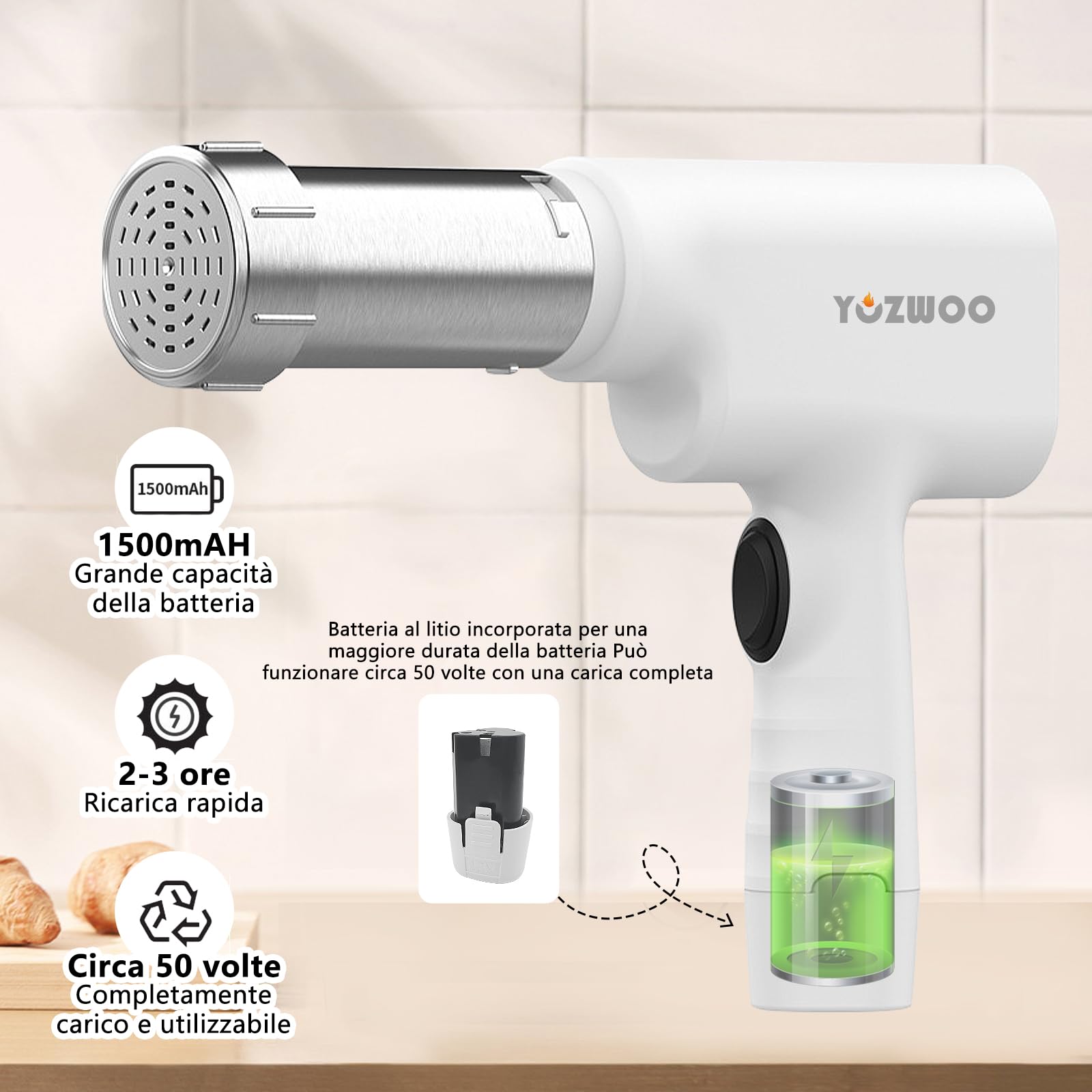 Electric Pasta Maker Machine - Handheld Noodle Press & Extruder for Homemade Pasta, Sausage | Portable Kitchen Tool for Italian Cuisine, Family Cooking & Restaurant Use (White)
