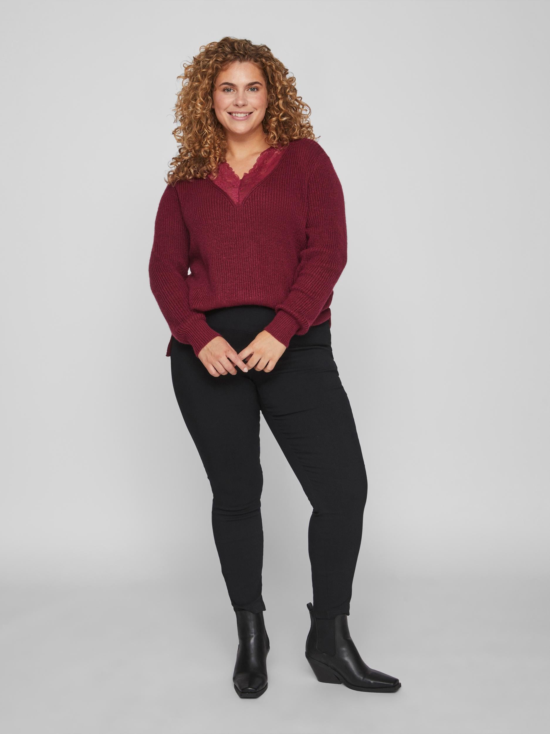 Mandy Lace Neck Long Sleeve Knit Jumper - Beet Red | Elegant Women's Sweater for Fall & Winter | Perfect for Office, Parties & Casual Outings