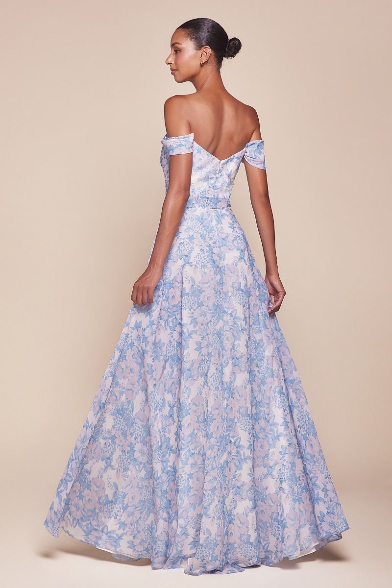 Ladivine 7441 Off Shoulder Satin Floral Printed A Line Dress for Women - Elegant Summer Party Cocktail Dress for Wedding Guest, Date Night & Special Occasions