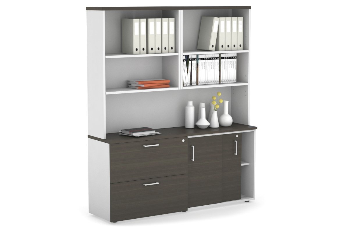 2-Door Sliding Credenza with 2 Drawers & Open Hutch - Modern Office Storage Cabinet for Files, Supplies & Decor - Perfect for Home Office, Conference Rooms & Workspaces
