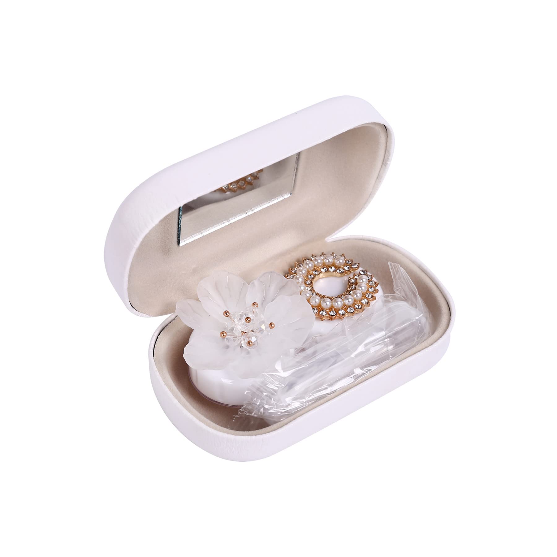 Cute Flower Design Pearl Inlay Contact Lens Case - Travel-Friendly Eyewear Storage Container for Soft Lenses (White) | Perfect for Travel, Daily Use & Makeup Bag Organization