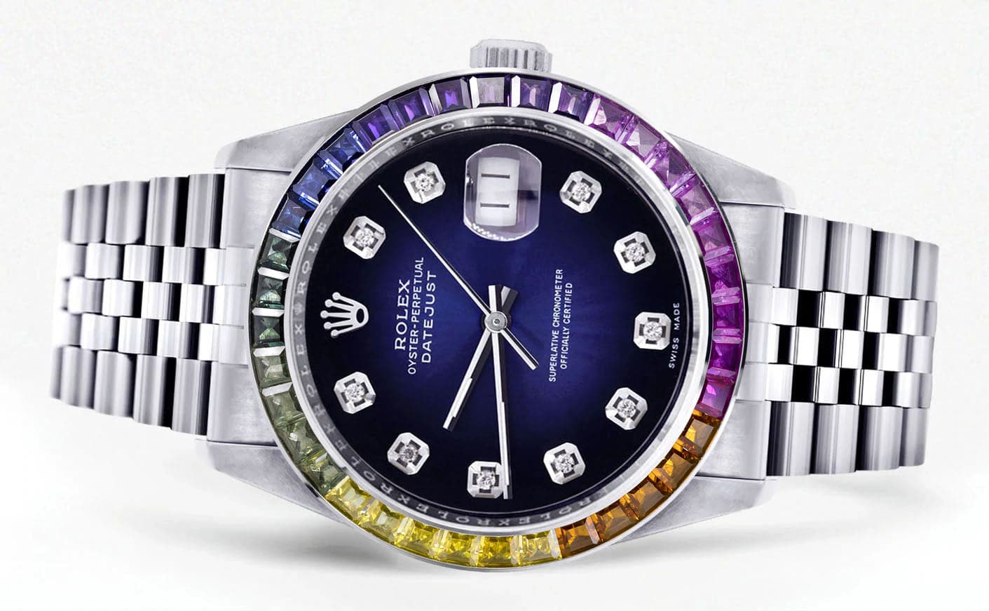 Luxury Diamond Gold Rolex Watch For Men 16200 | 36mm Stainless Steel | Rainbow Sapphire Bezel | Blue Black Dial | Jubilee Bracelet | Perfect for Gifts, Weddings & Special Occasions