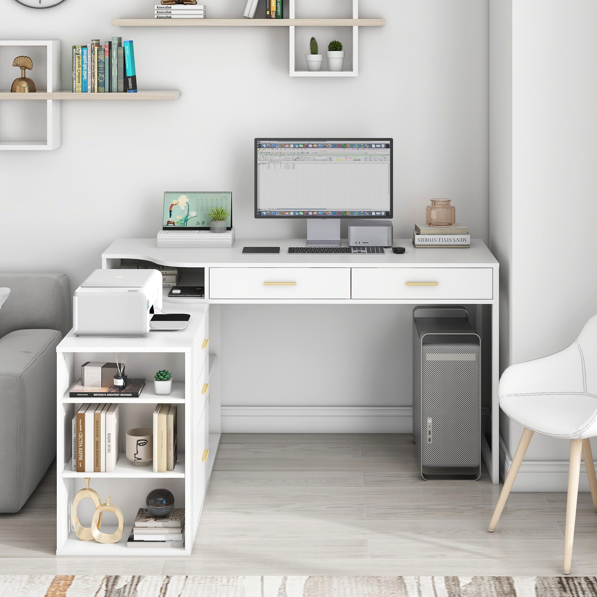 Modern L-Shaped Desk with 5 Drawers & Adjustable Shelves - 55 Inch Executive Office Desk, Wooden Computer Writing Table with File Storage Cabinet for Home Office - Perfect for Small Spaces & Remote Work Setup
