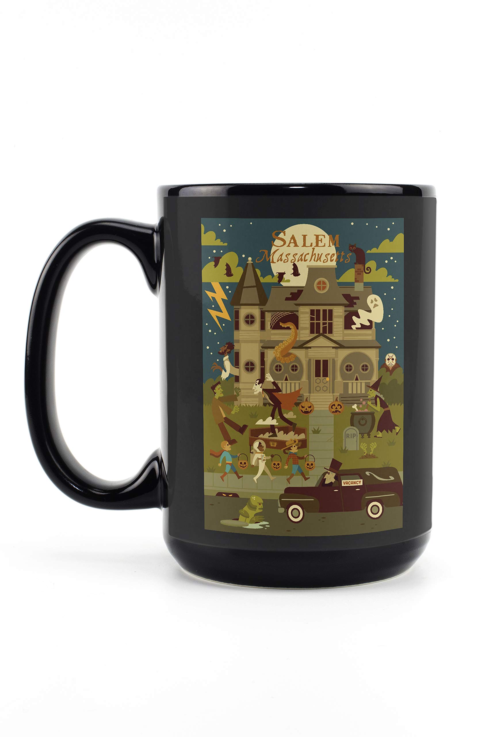 Salem Massachusetts Halloween Geometric Mug - 15oz Black Ceramic Coffee & Tea Cup | Dishwasher & Microwave Safe | Perfect for Halloween Decor, Coffee Lovers & Spooky Gift Ideas