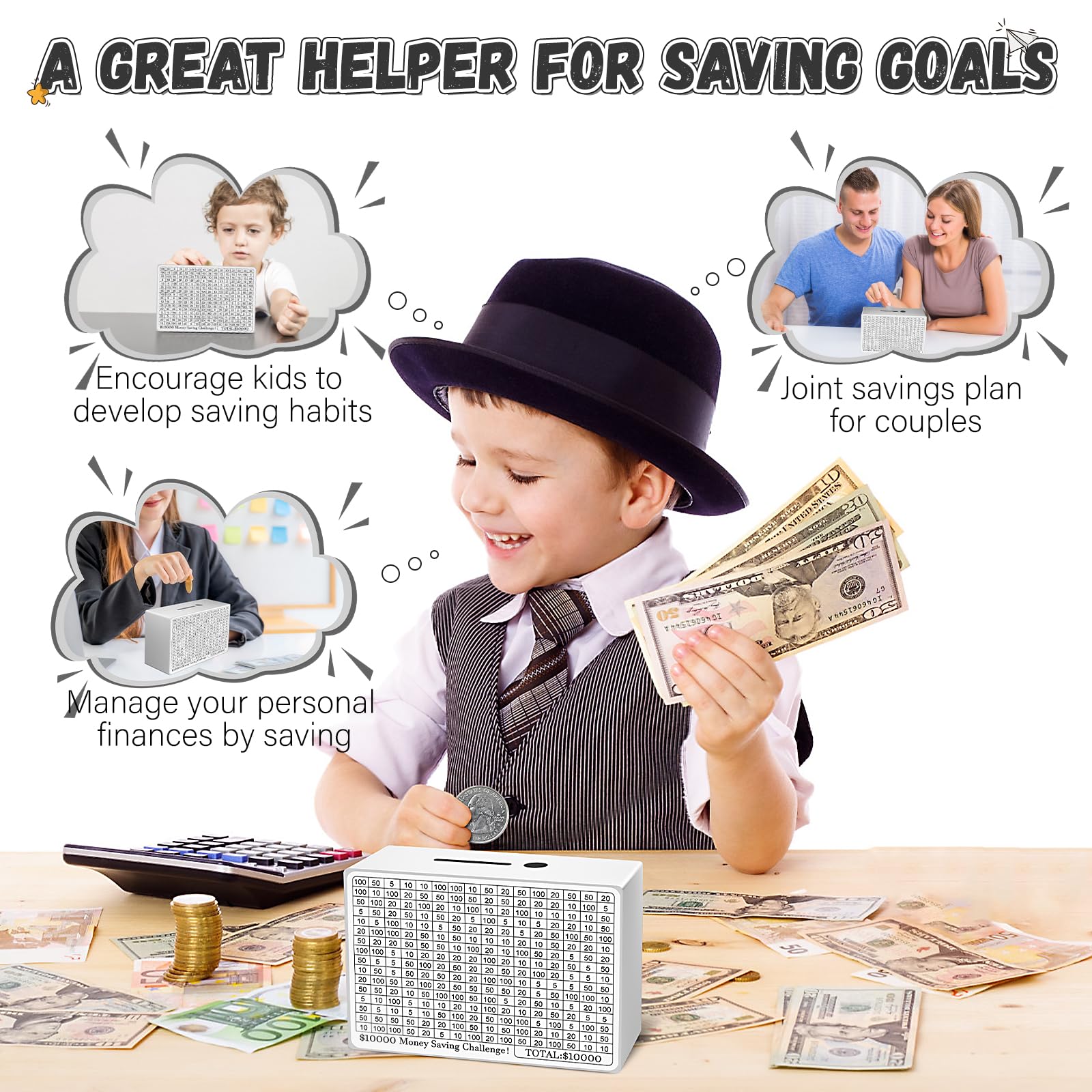 Wooden Money Saving Box with Counting Target ($10000/$5000/$3000) - White - Perfect for Budgeting, Cash Savings & Financial Goals at Home or Office