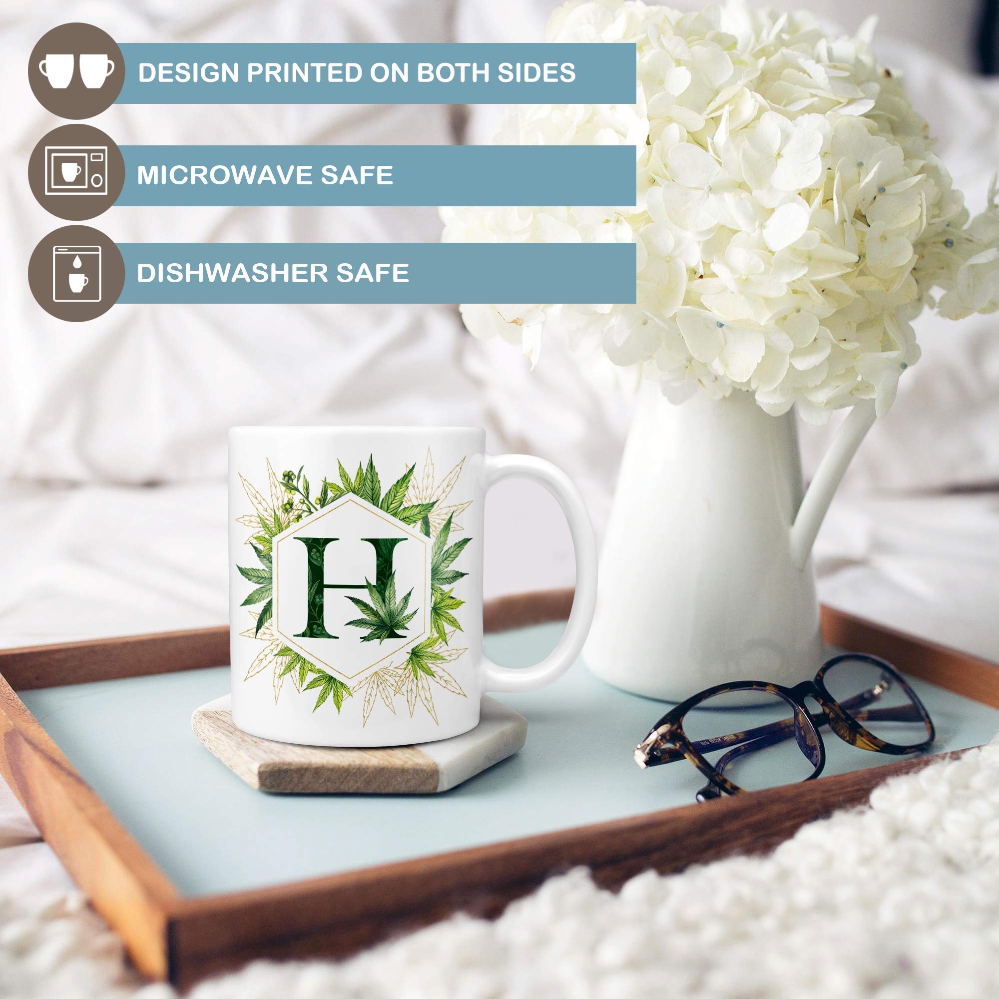 Custom Marijuana Leaf Monogram Initial Coffee Mug - Personalized Cannabis Themed Gift - Microwave & Dishwasher Safe Ceramic Cup for Stoner Gifts, 420 Parties & Coffee Lovers