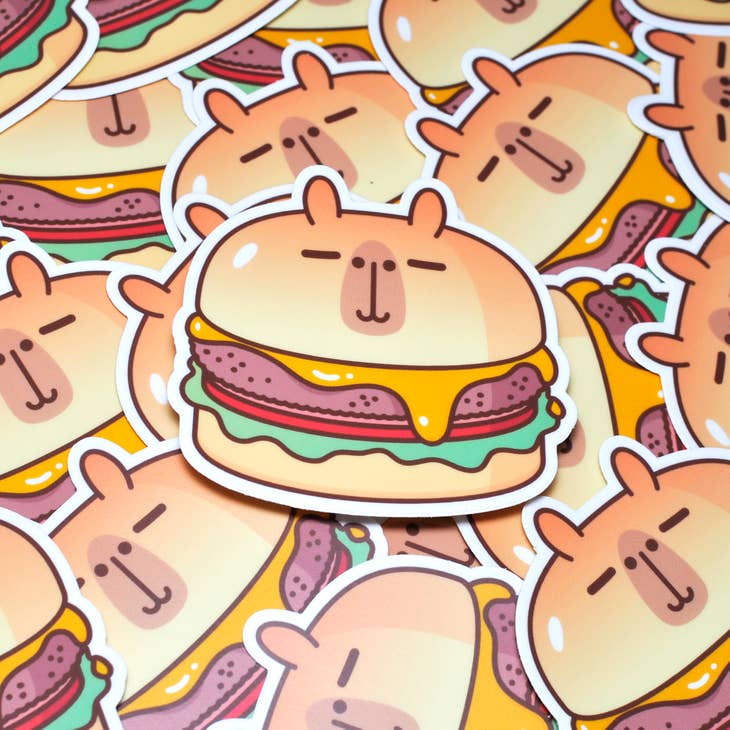 Capybara Cheeseburger Vinyl Sticker - Waterproof Decal for Laptops, Water Bottles & DIY Crafts - Fun Kawaii Animal Stickers for Scrapbooking & Journaling