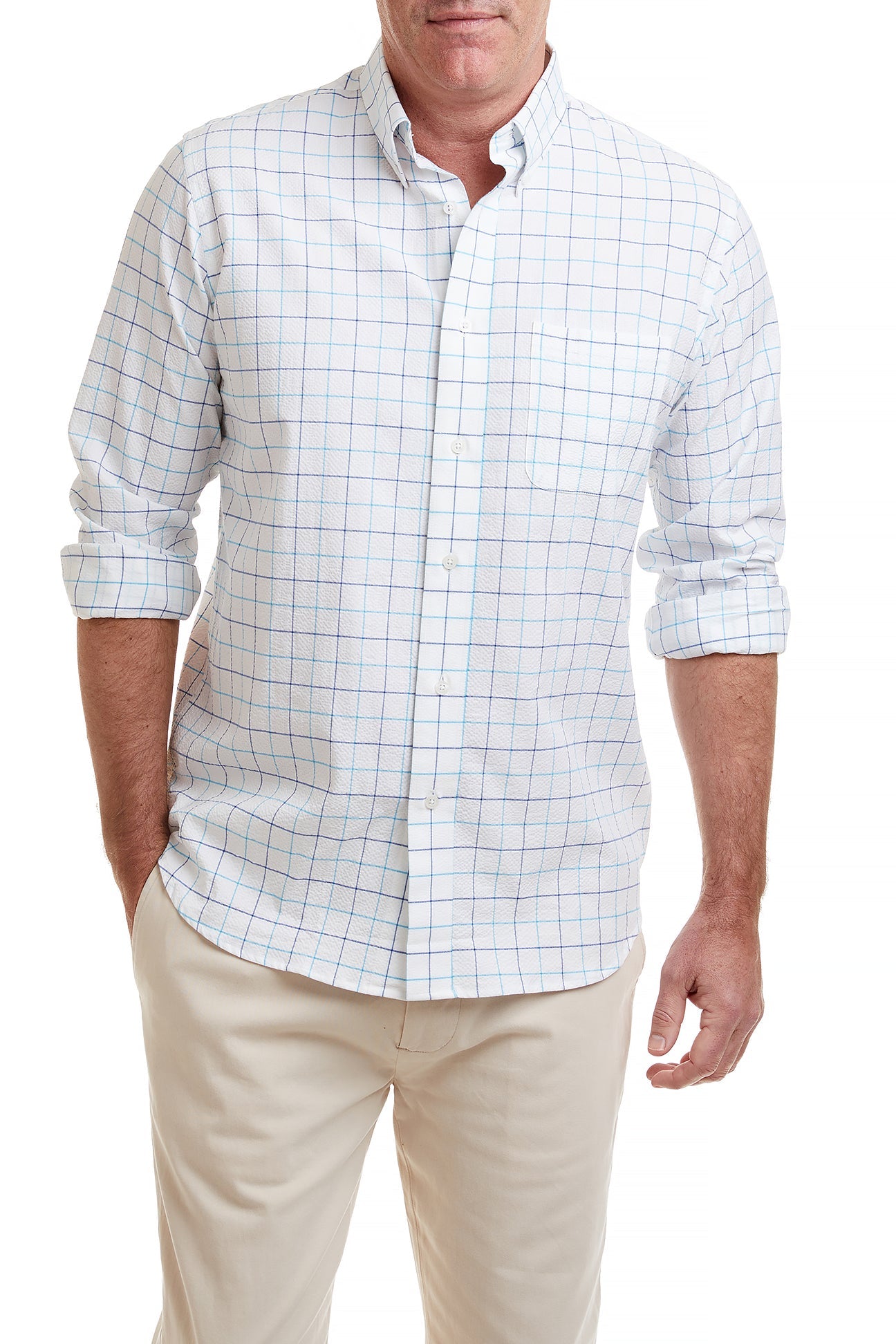 Blue and Navy Windowpane Seersucker Chase Shirt - Perfect for Summer Casual Wear & Outdoor Events