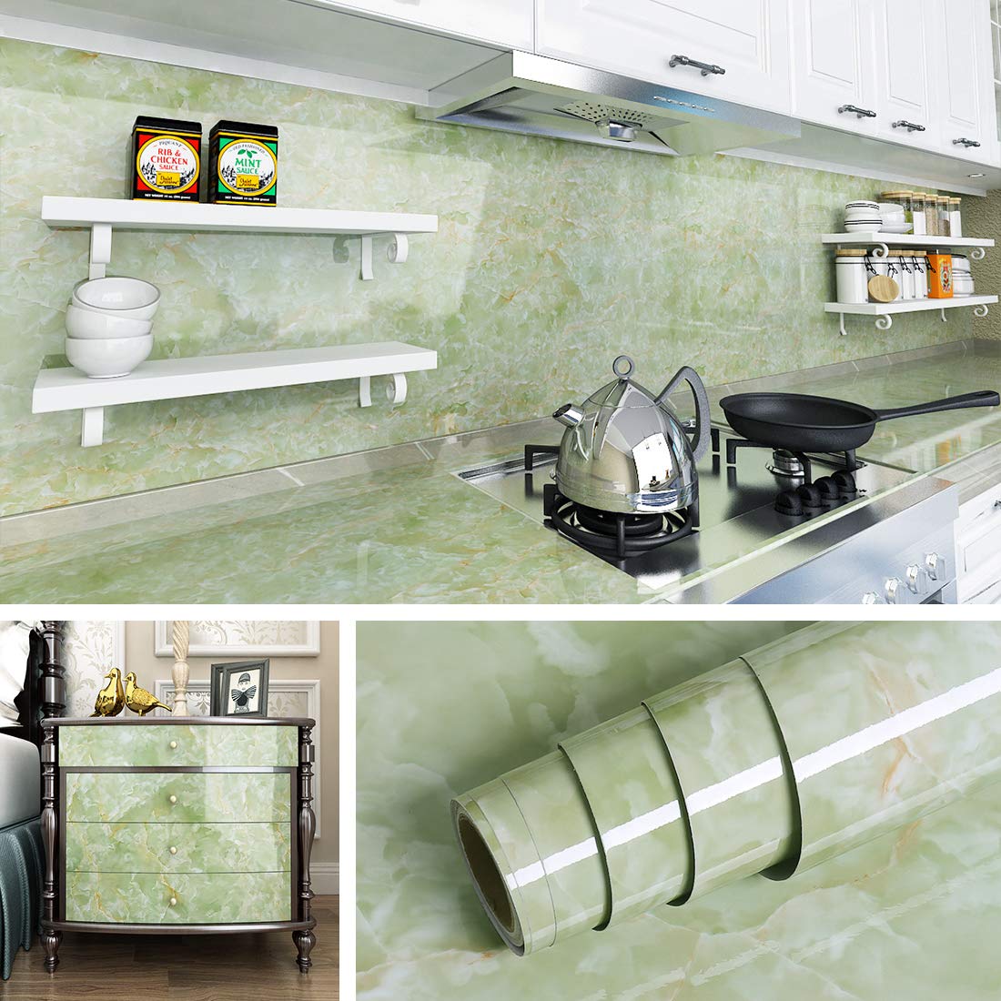 Livelynine Green Marble Contact Paper - Peel and Stick Self Adhesive Vinyl Film (40cm x 2m) for Kitchen Countertops, Bathroom Vanity, Tables & Desks - Waterproof, Durable & Easy to Apply Home Decor Upgrade