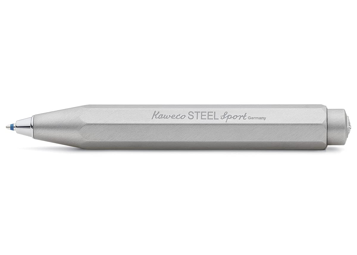Kaweco STEEL SPORT Retractable Ballpoint Pen with D1 Refills - Premium Metal Ball Pen (10.5cm) in Vintage Tin Box - Perfect for Office, School & Travel Writing Needs