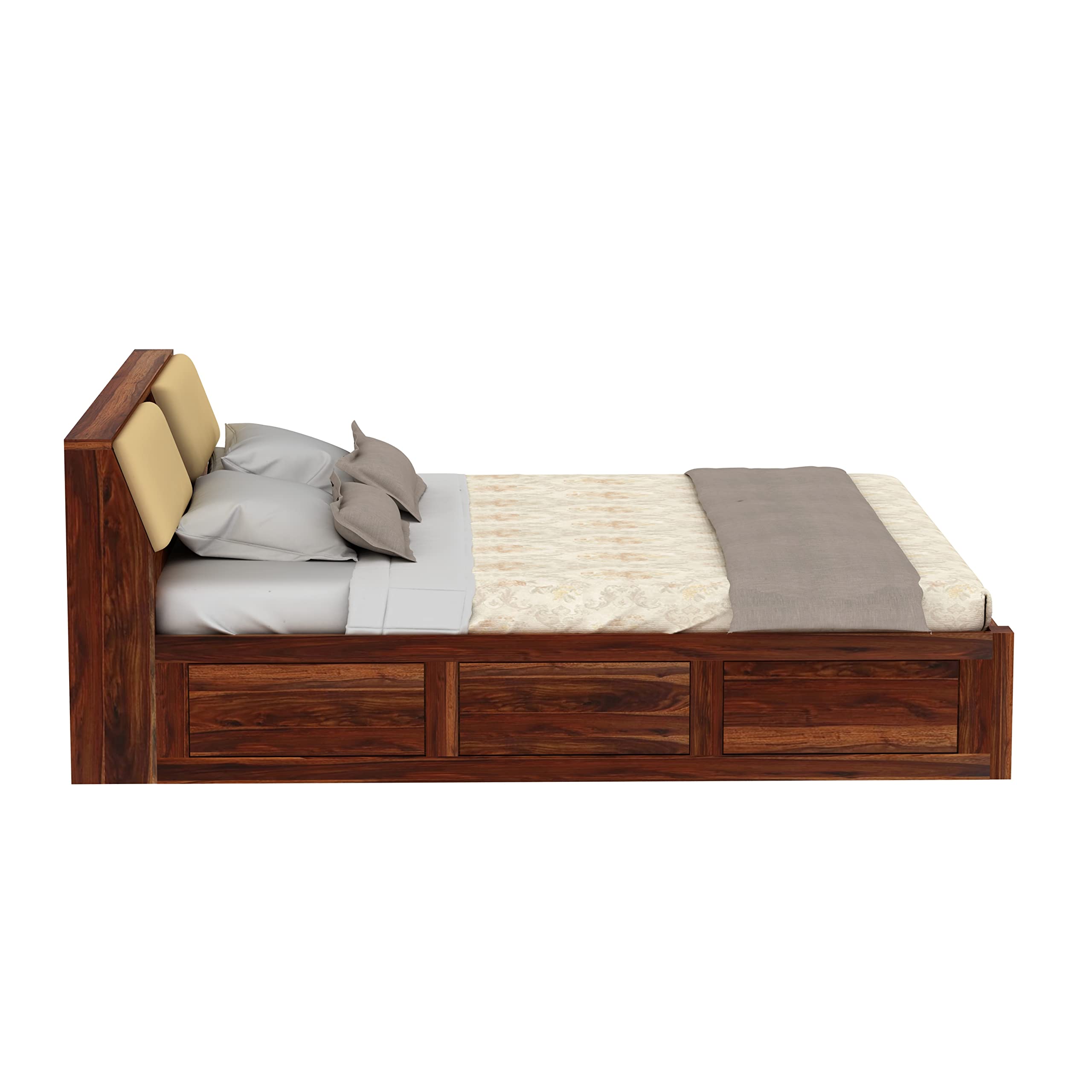 EBANSAL Solid Sheesham Wood Queen Size Bed Frame with Storage Headboard & Underbed Box | Honey Finish Wooden Double Bed for Master Bedroom | Perfect for Modern, Rustic & Farmhouse Home Decor
