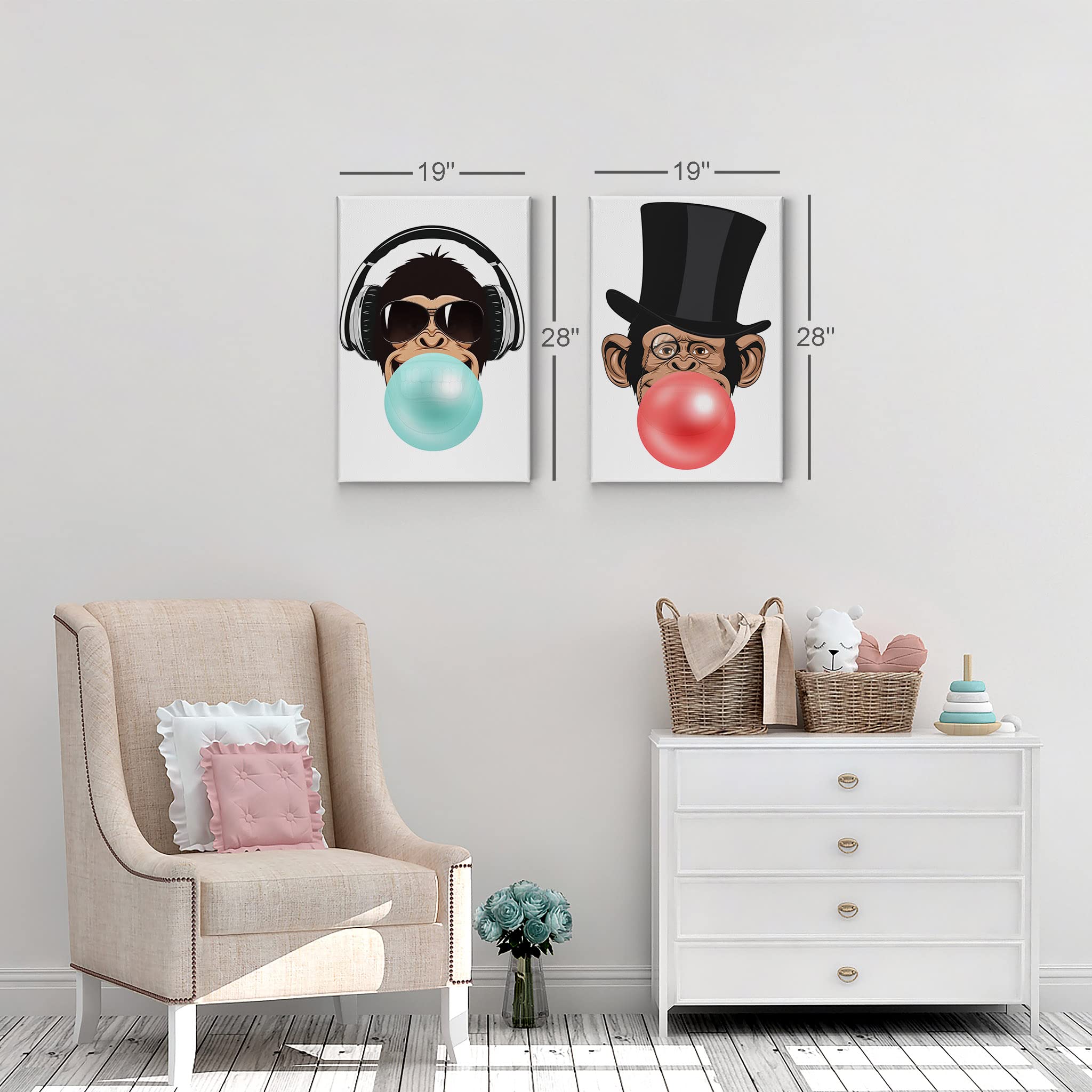 Funny Monkeys DJ & Senior Animal Bubble Gum Canvas Print Set - Red & Blue Chewing Gum Wall Art for Nursery, Kids Room Decor - Made in USA - 2 Panel 40x30 Inches - Perfect for Birthday Gifts & Playroom Wall Decor