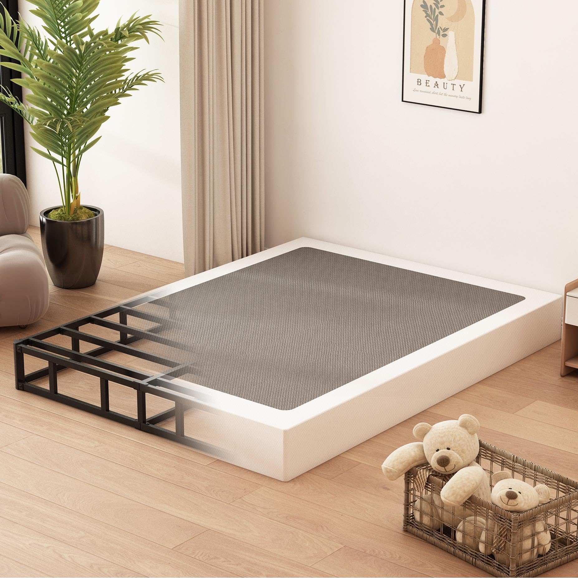 8 Inch High Profile Metal Box Spring for Queen Bed - Sturdy Mattress Foundation with Noise-Free Fabric Cover - Easy Assembly Black Bed Base | Perfect for Guest Rooms, Dorms & Apartment Bedrooms