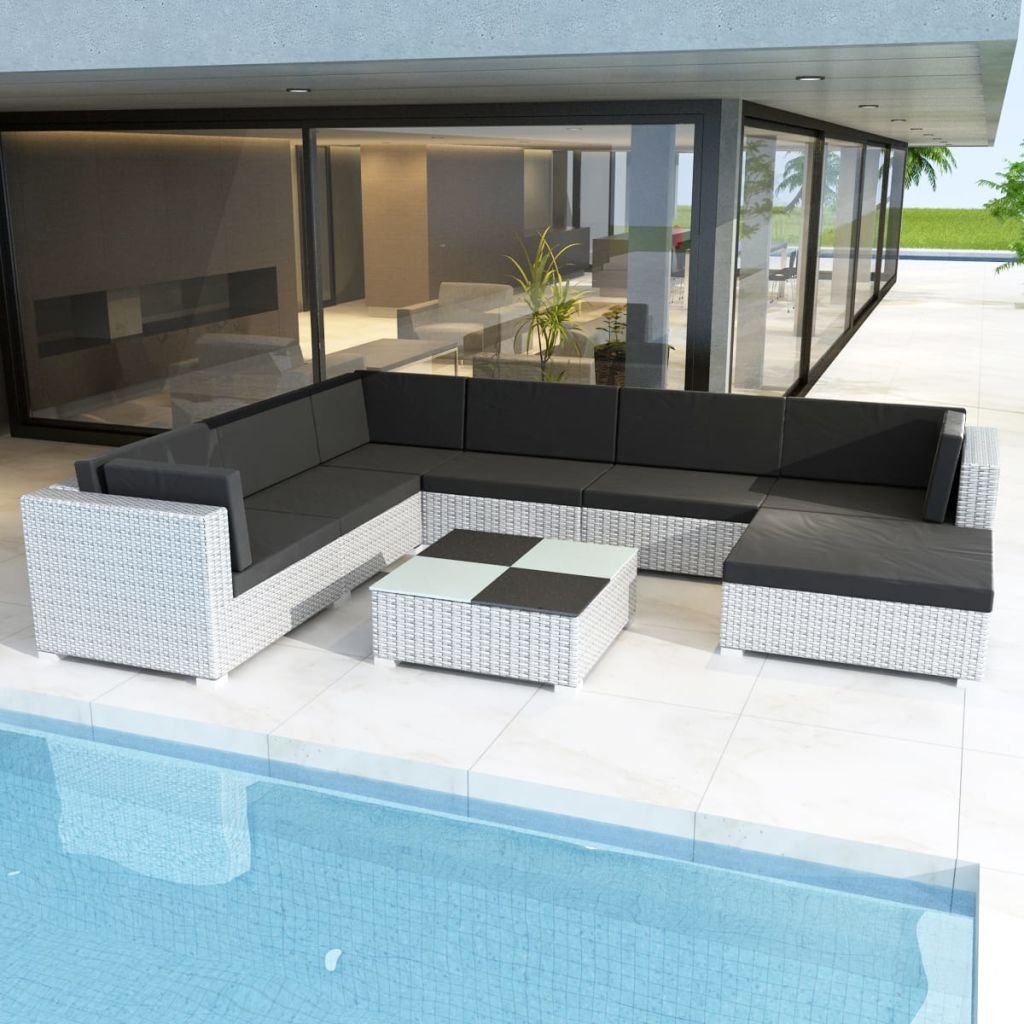 8-Piece White PE Rattan Garden Lounge Set with Cushions - Outdoor Wicker Sofa Sectional Furniture for Patio, Poolside & Backyard Relaxation