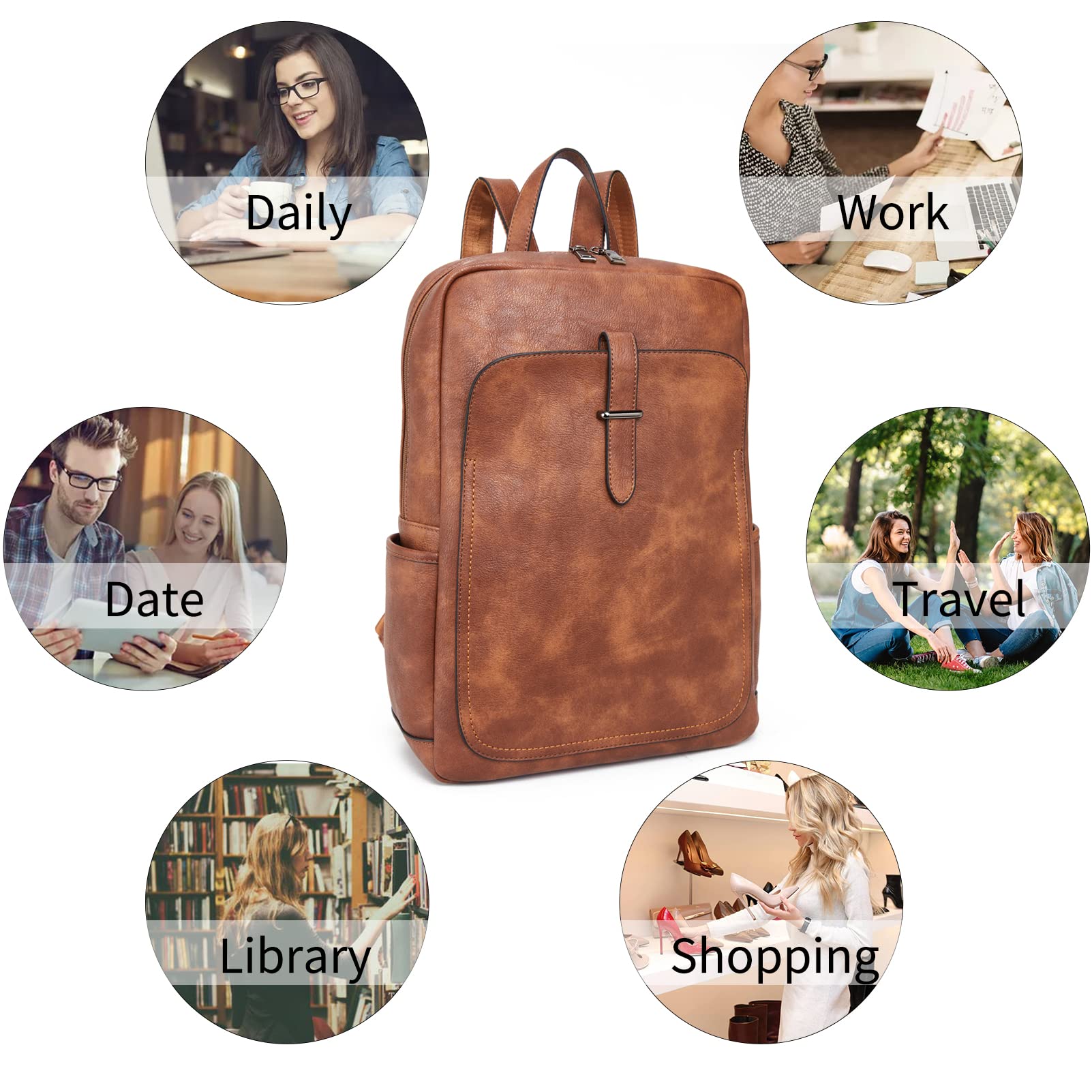 BROMEN Women's 15.6 Inch Leather Laptop Backpack - Professional Business Travel Bag, College Daypack with Rough Grain Texture (Mocha Brown) - Perfect for Work, School & Commuting