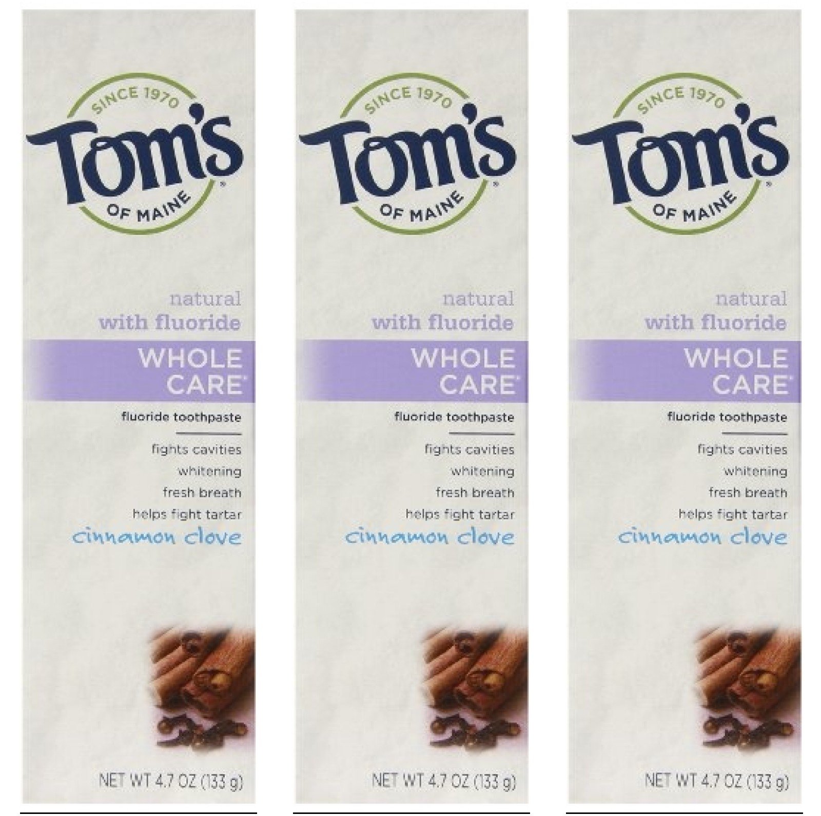 Tom's of Maine Natural Whole Care Fluoride Toothpaste - Cinnamon Clove Flavor, 3 Pack | Fresh Breath & Cavity Protection for Daily Oral Care