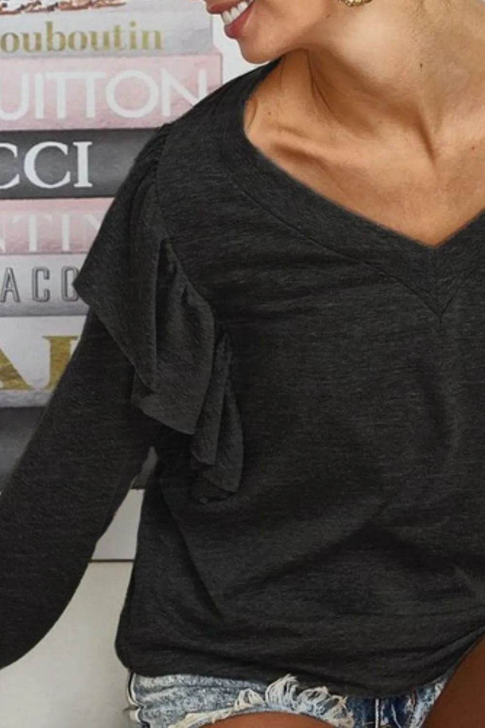 BiBi Triblend V Neck Top with Shoulder Shirring Detail - Soft Stretchy Women's T-Shirt for Casual Wear, Work & Date Night Outfits