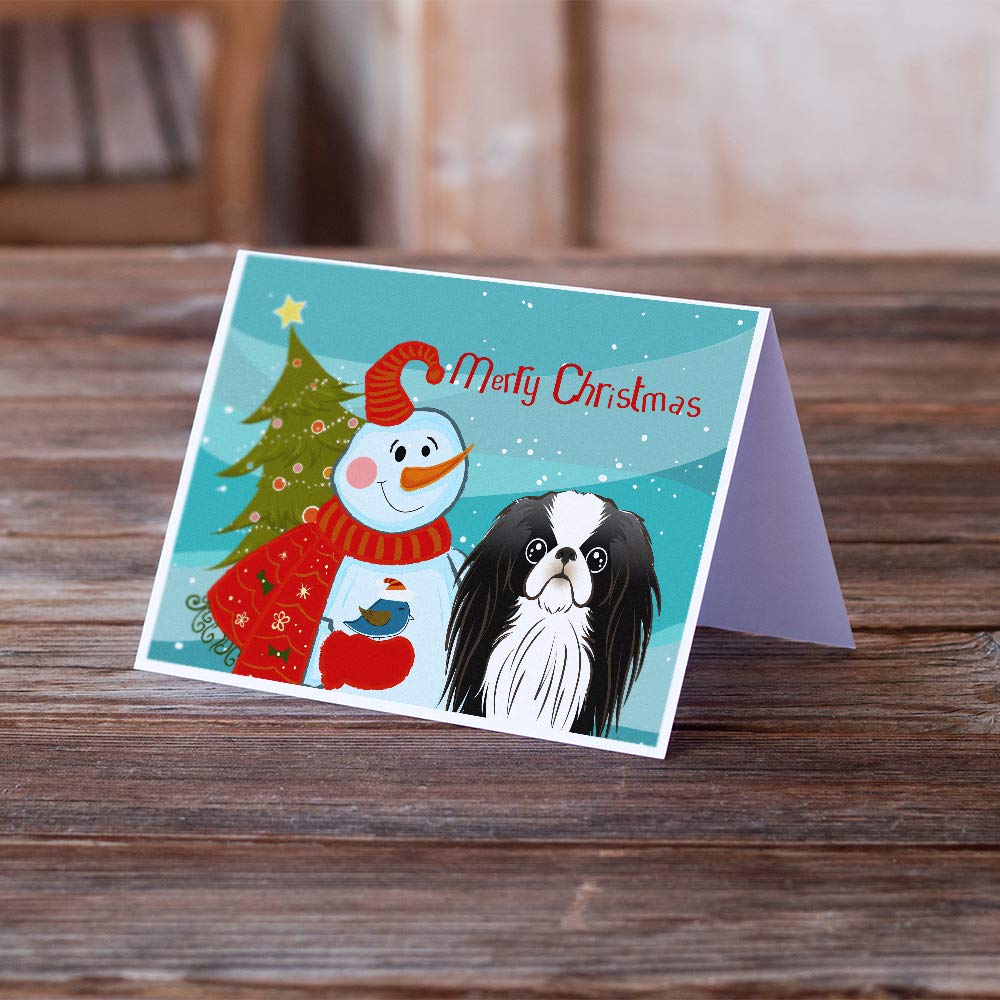 Snowman with Japanese Chin Blank Greeting Cards - Pack of 8 A7 Size (5x7) Note Cards with Envelopes | Whimsical Holiday Stationery for Christmas Gifts, Thank You Notes & Winter Greetings