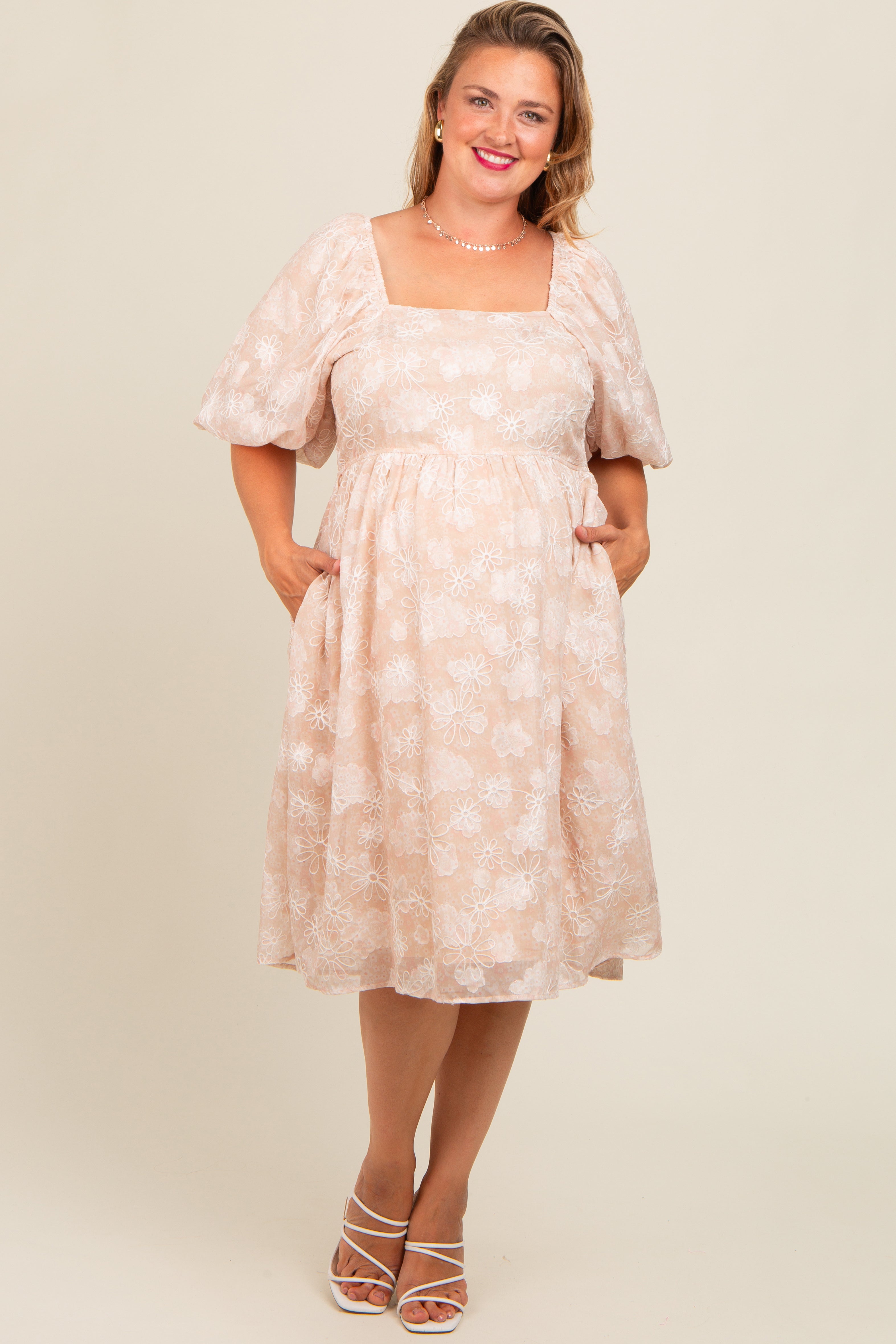 Beige Floral Embroidered Maternity Dress with Puff Sleeves - Plus Size Pregnancy Clothes for Baby Shower, Maternity Photo Shoot & Special Occasions