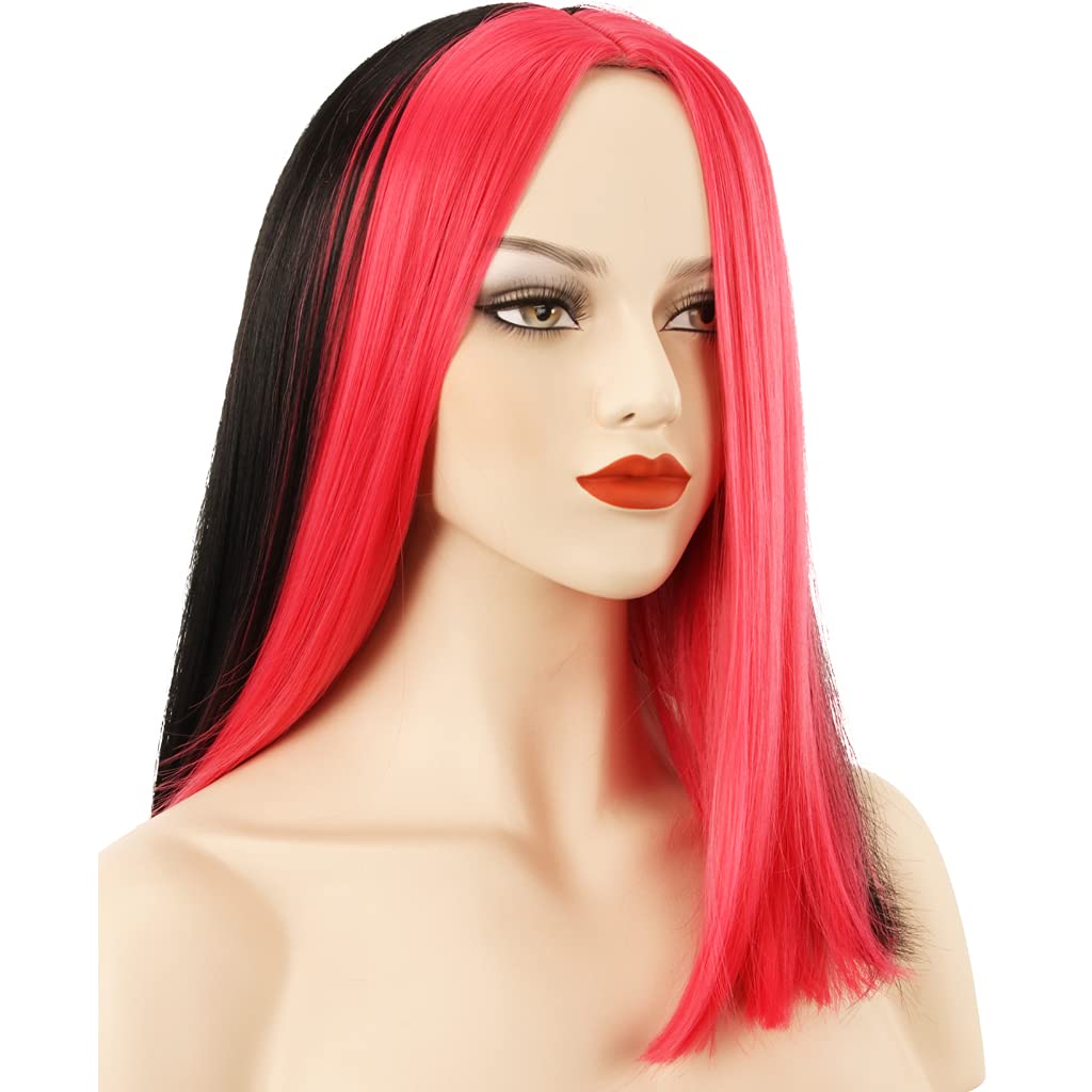 HH Building Strips Highlight Straight Shoulder Length Party Wig - Black & Rose Red Synthetic Hair for Cosplay, Halloween & Costume Parties