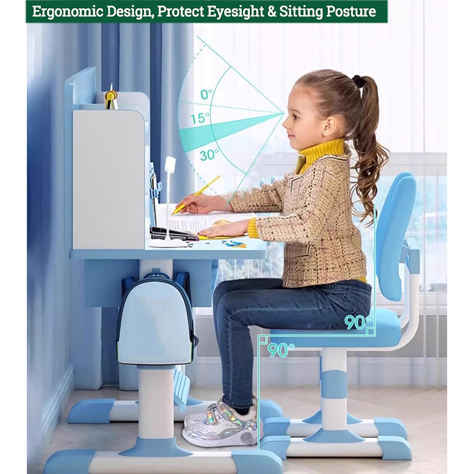 Kids Wooden Study Desk and Chair Set with Drawer & Bookshelf Hutch - Ergonomic Writing Computer Workstation for Boys & Girls (31.5