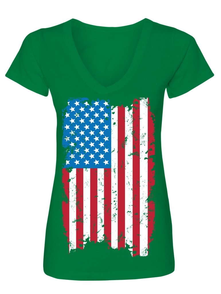 Patriotic Women's USA Flag V-Neck T-Shirt - Distressed American Flag Print, Soft Cotton Tee - Medium Size, Olive Green - Perfect for 4th of July, Memorial Day & Casual Wear