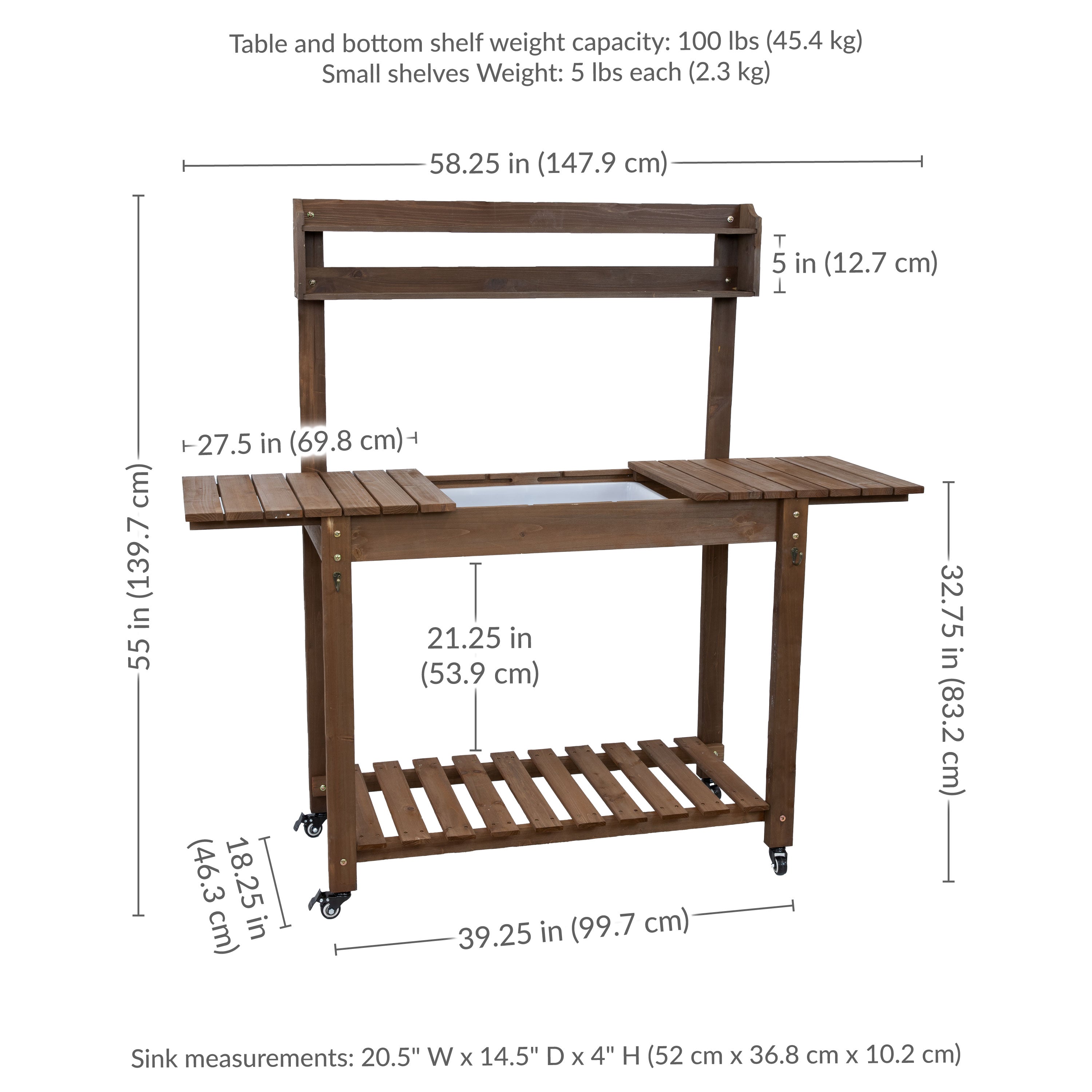 Sunnydaze Fir Wood Wheeled Outdoor Potting Bench with Sink - Brown | Heavy-Duty Garden Workstation for Planting, Potting & Organizing Tools | Perfect for Backyard, Greenhouse & Gardening Enthusiasts