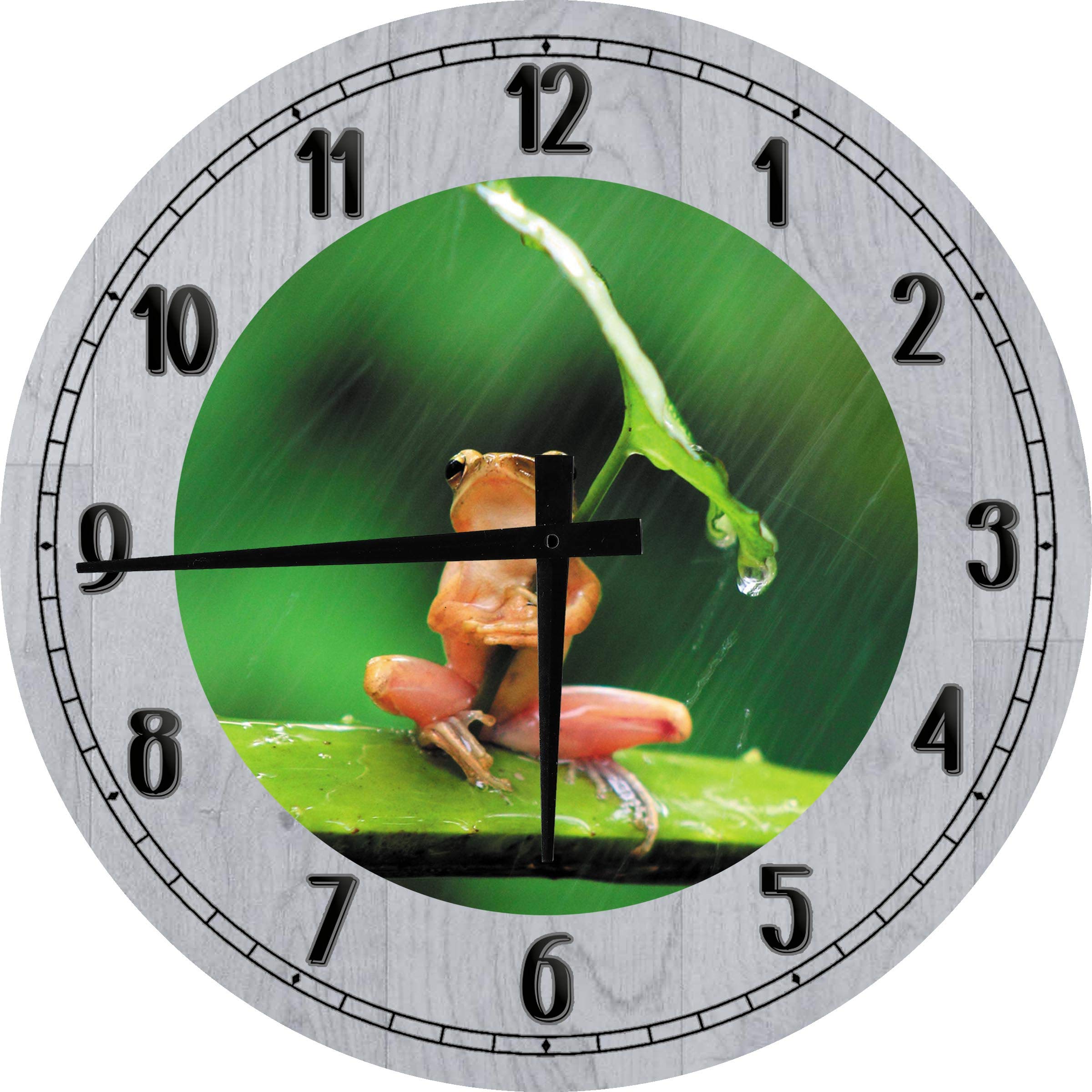 12 Inch Gray Jungle Rainforest Frog Wall Clock - Tiny Tree Frog Under Leaf Umbrella Design, Large Round Wooden Wall Art for Home, Office, or Nursery Decor