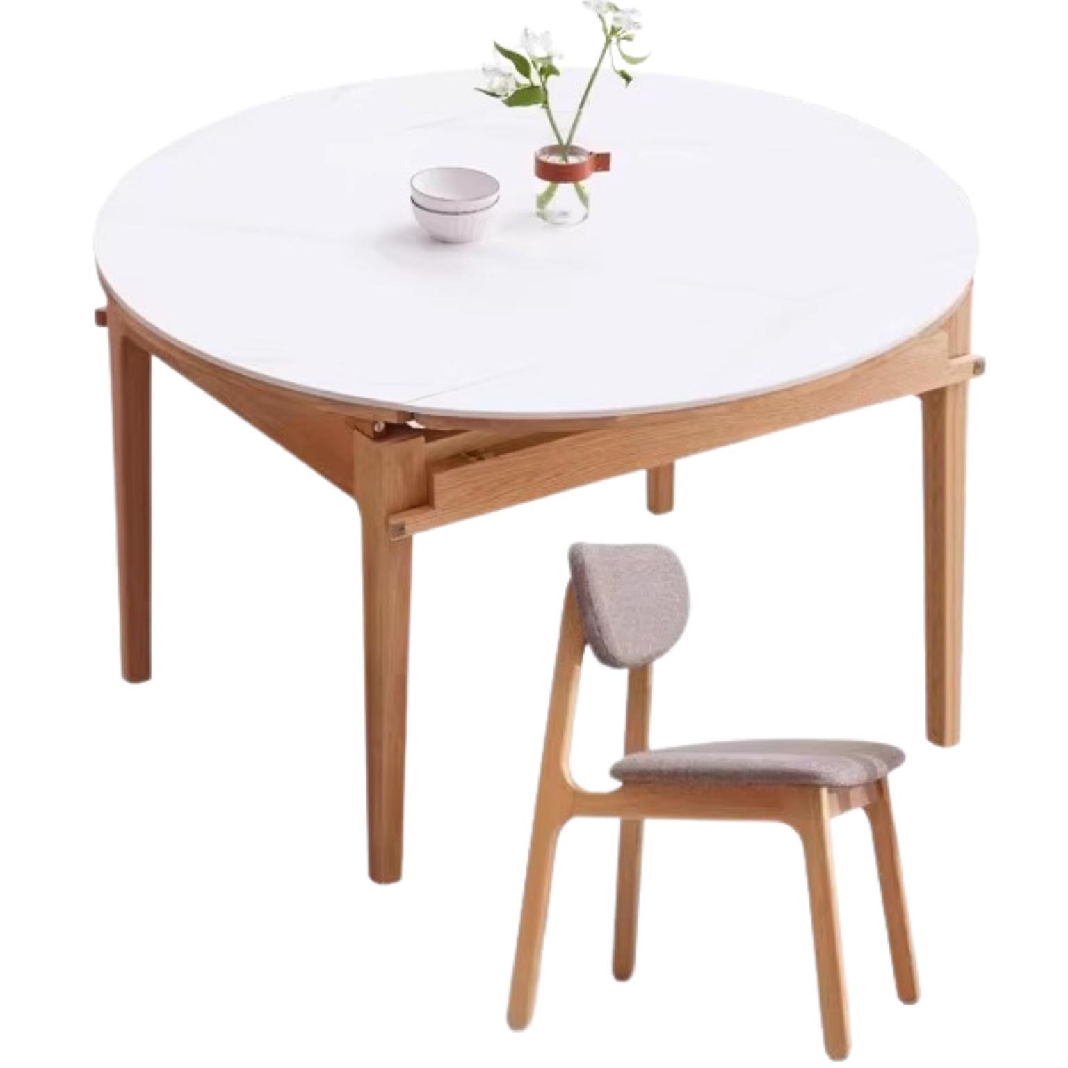 Solid Oak Round Folding Dining Table with Natural Stone Slab Top - Perfect for Small Spaces, Outdoor Dining & Home Decor