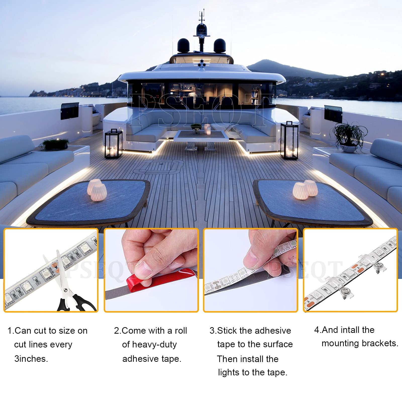 PSEQT 16.4FT/5m Marine Boat LED Strip Lights - 12V Waterproof White LED Lighting for Pontoon, Fishing, Duck, Bass Boats & Kayaks | Interior, Deck, Navigation & Courtesy Lights | Perfect for Night Fishing, Sailing & Water Activities