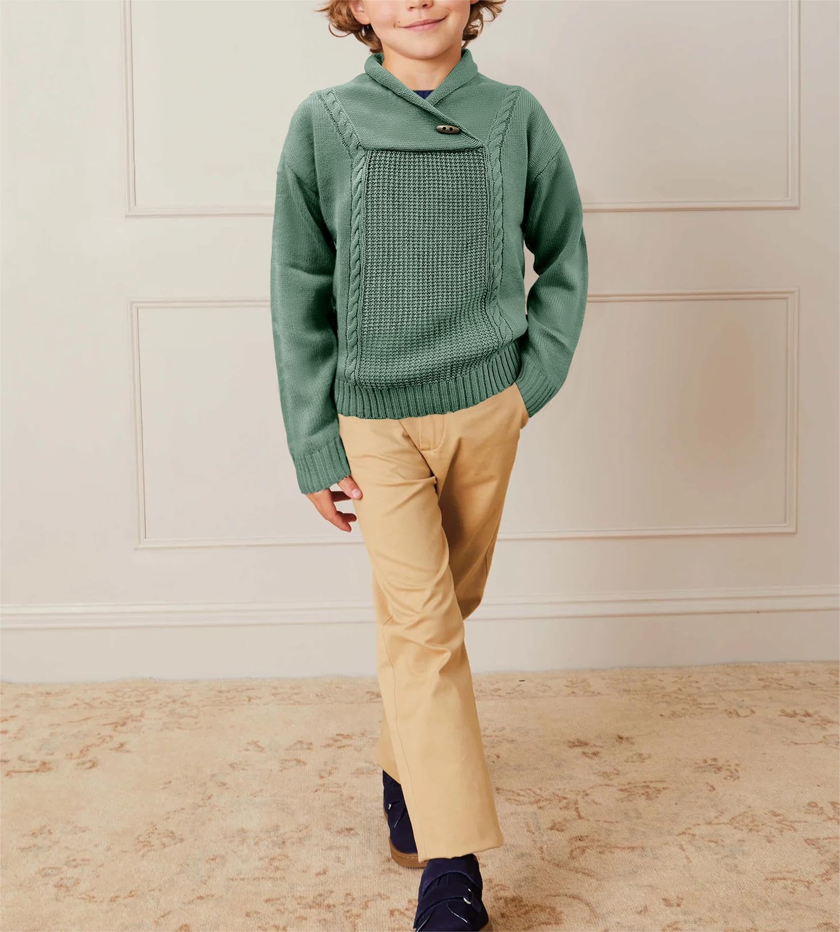 Boys Cable Knit Sweater Long Sleeve Pullover Shawl Collar Jumper Top for Fall & Winter | Warm Casual Outfit for School, Playdates, and Holiday Gatherings