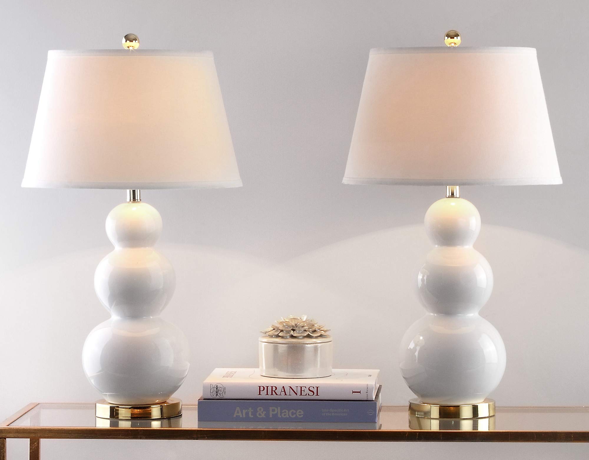 SAFAVIEH Pamela Modern White Triple Gourd Ceramic Table Lamp Set of 2 - 27