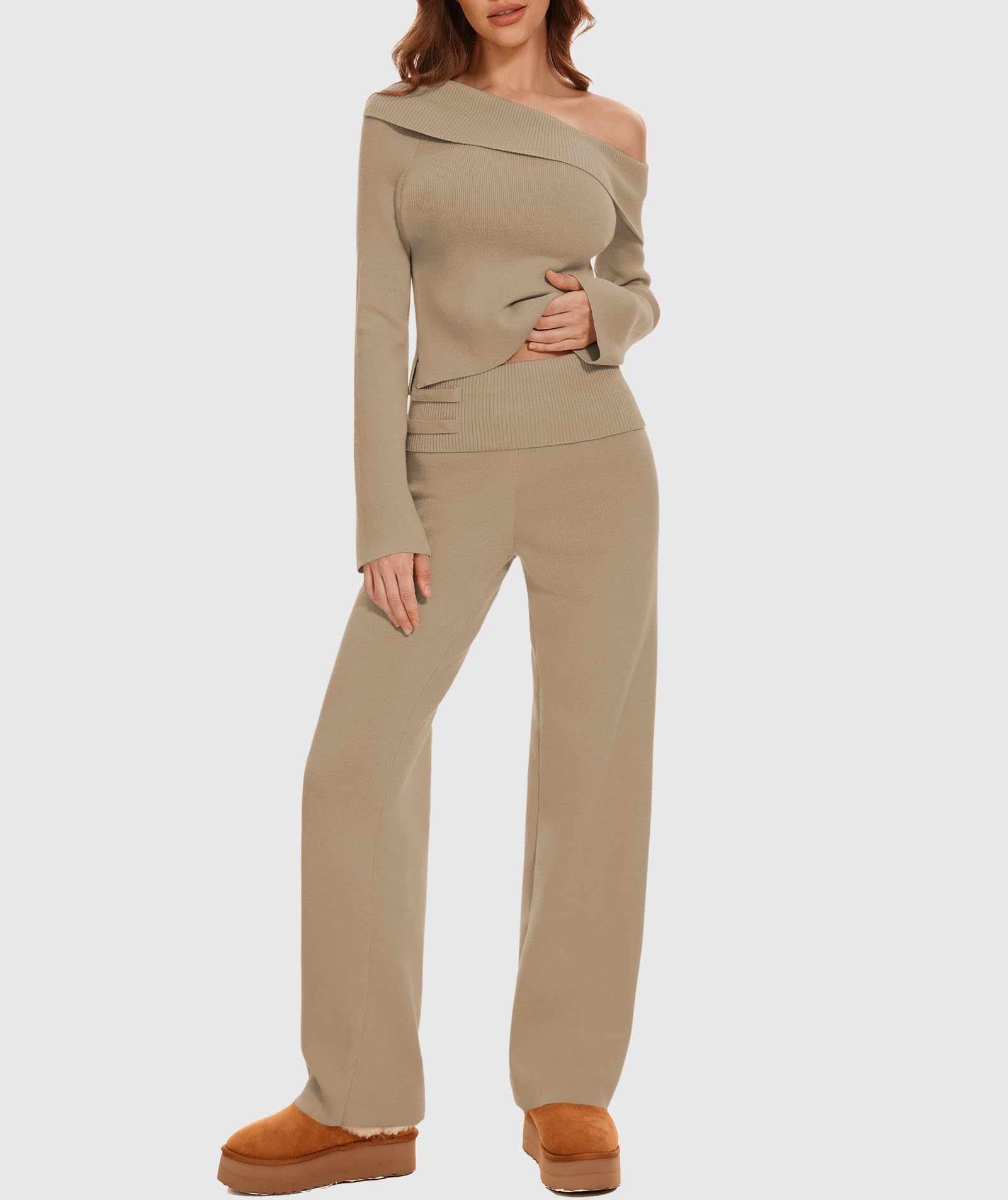 Women's 2-Piece Lounge Set - Off Shoulder Cropped Sweater & Wide Leg Pants Knit Outfit | Y2K Casual Wear for Home, Travel & Street Style