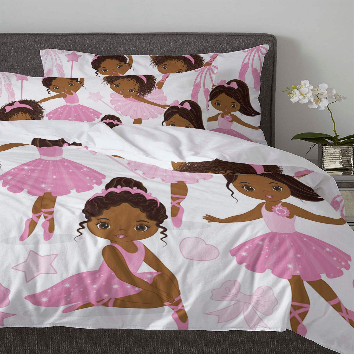 3-Piece Twin Ballet Duvet Cover Set for Girls - Pink Ballerina Dancer & Gymnastics Pattern Bedding with 1 Comforter & 2 Pillowcases - Perfect for Kids' Bedrooms, Dance Studio Dorms & Ballet Themed Decor
