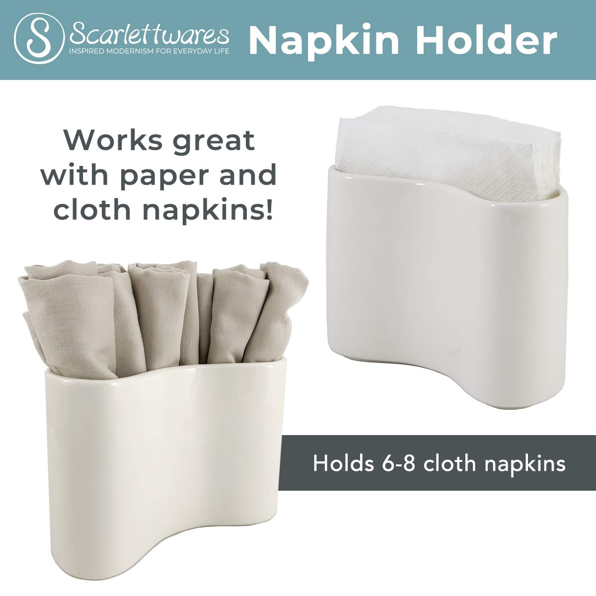 Ceramic Napkin Holder - Modern Farmhouse White Upright Stand for Table Kitchen, Paper & Linen Cloth Napkins | Compact, Stylish & Sturdy | Perfect for Dining Room, Kitchen Counter & Farmhouse Decor