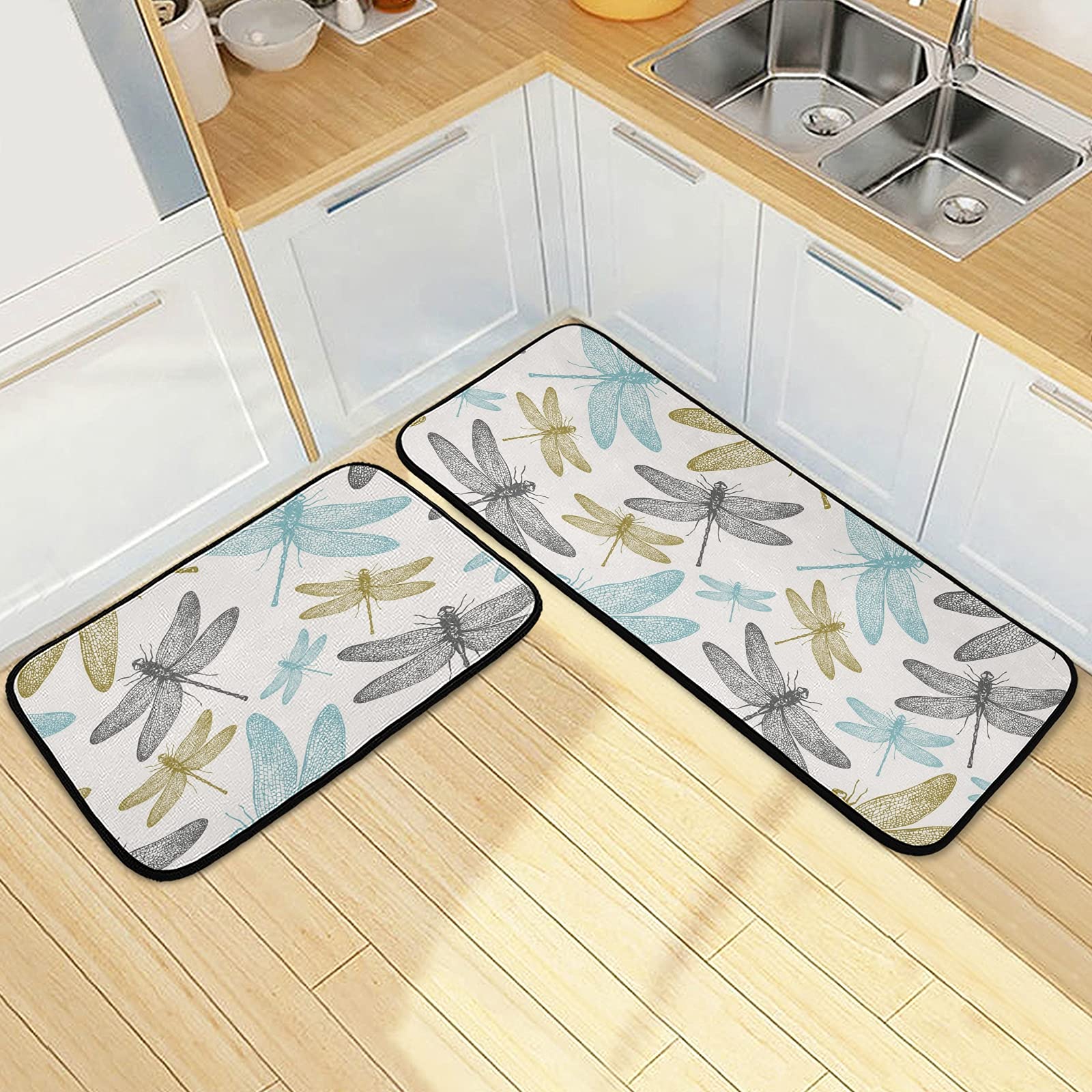 Premium 2-Piece Dragonfly Design Anti-Fatigue Kitchen Rugs - Waterproof Non-Slip Floor Mats with Comfort Elastic Cotton Layer for Kitchen, Home, Office, Laundry & Sink Areas - Perfect for Standing Comfort While Cooking, Washing Dishes or Doing Laundry