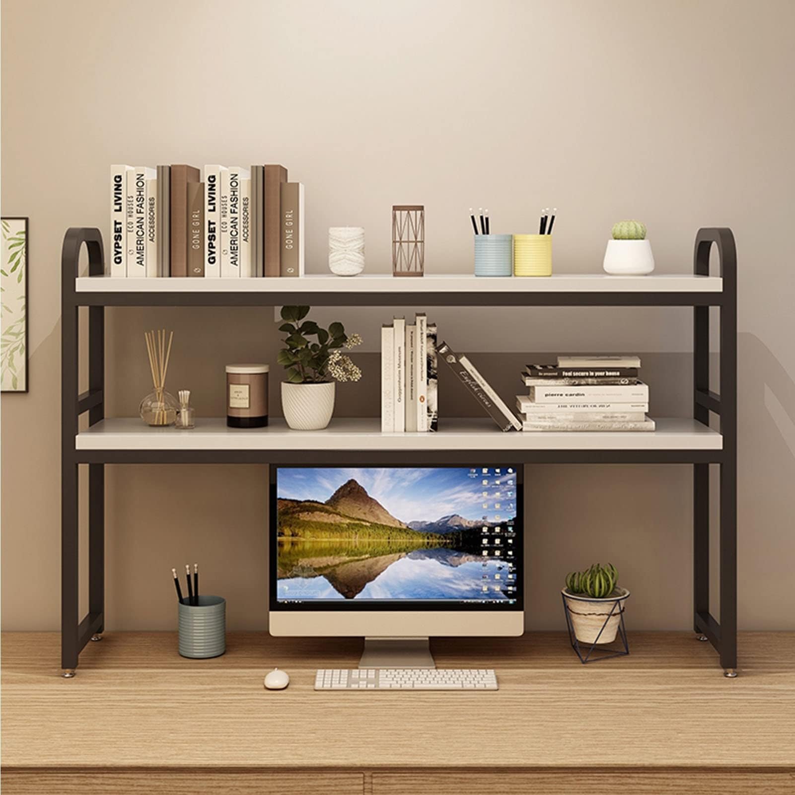 2 Tier Wrought Iron Desktop Storage Rack - Adjustable Office Organizer Shelf for Books, Supplies & Decor | Space-Saving Desk Bookshelf | Perfect for Home Office, Study & Workspace Organization (Color Options Available)