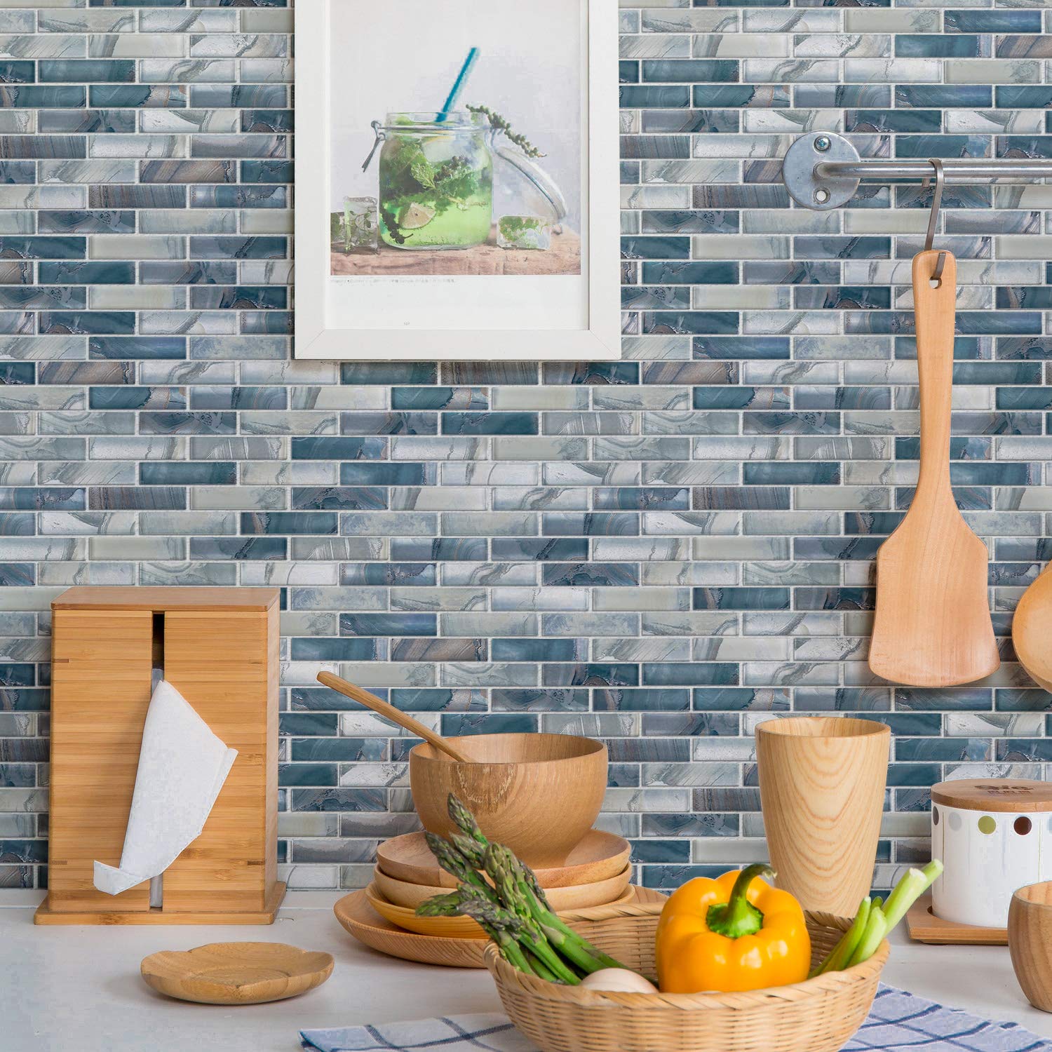 TOCSG-01 1x4 Swirl Blue Glass Mosaic Tile Backsplash (10 Sheets) - Waterproof Kitchen & Bathroom Wall Tile for Stunning Backsplash, Shower, and Fireplace Designs