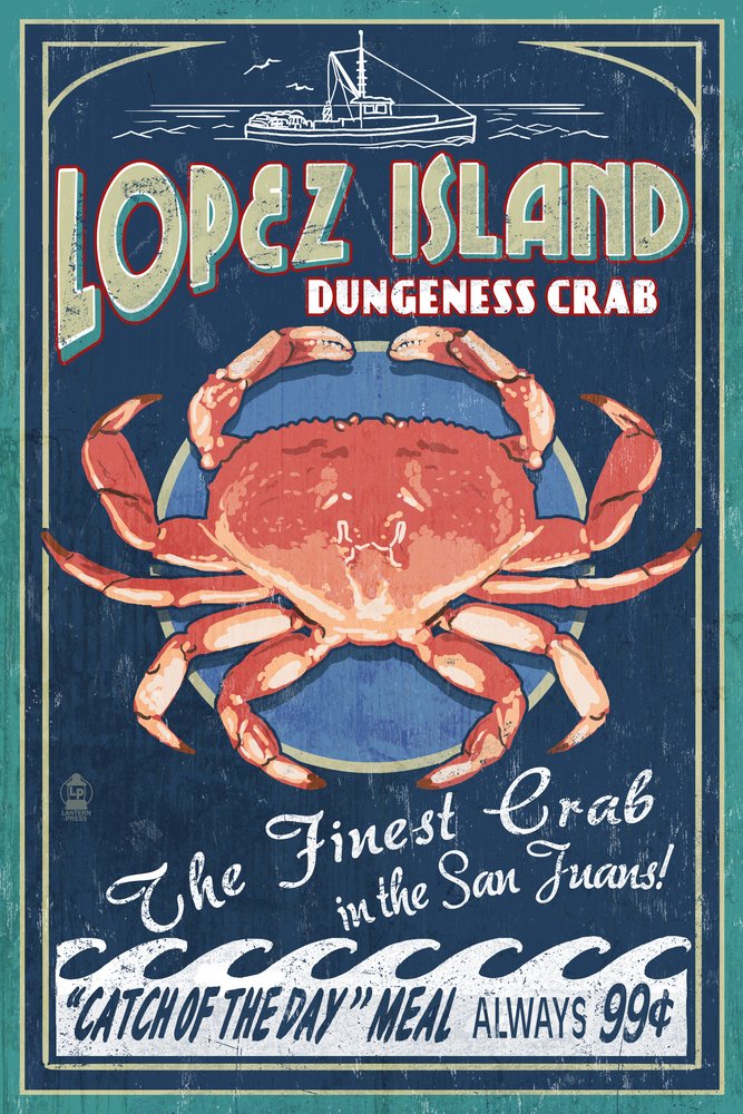 Dungeness Crab Vintage Metal Sign - Lopez Island, Washington - 24x36 Gallery Quality Aluminum Wall Art - Perfect for Kitchen, Seafood Restaurant & Coastal Home Decor
