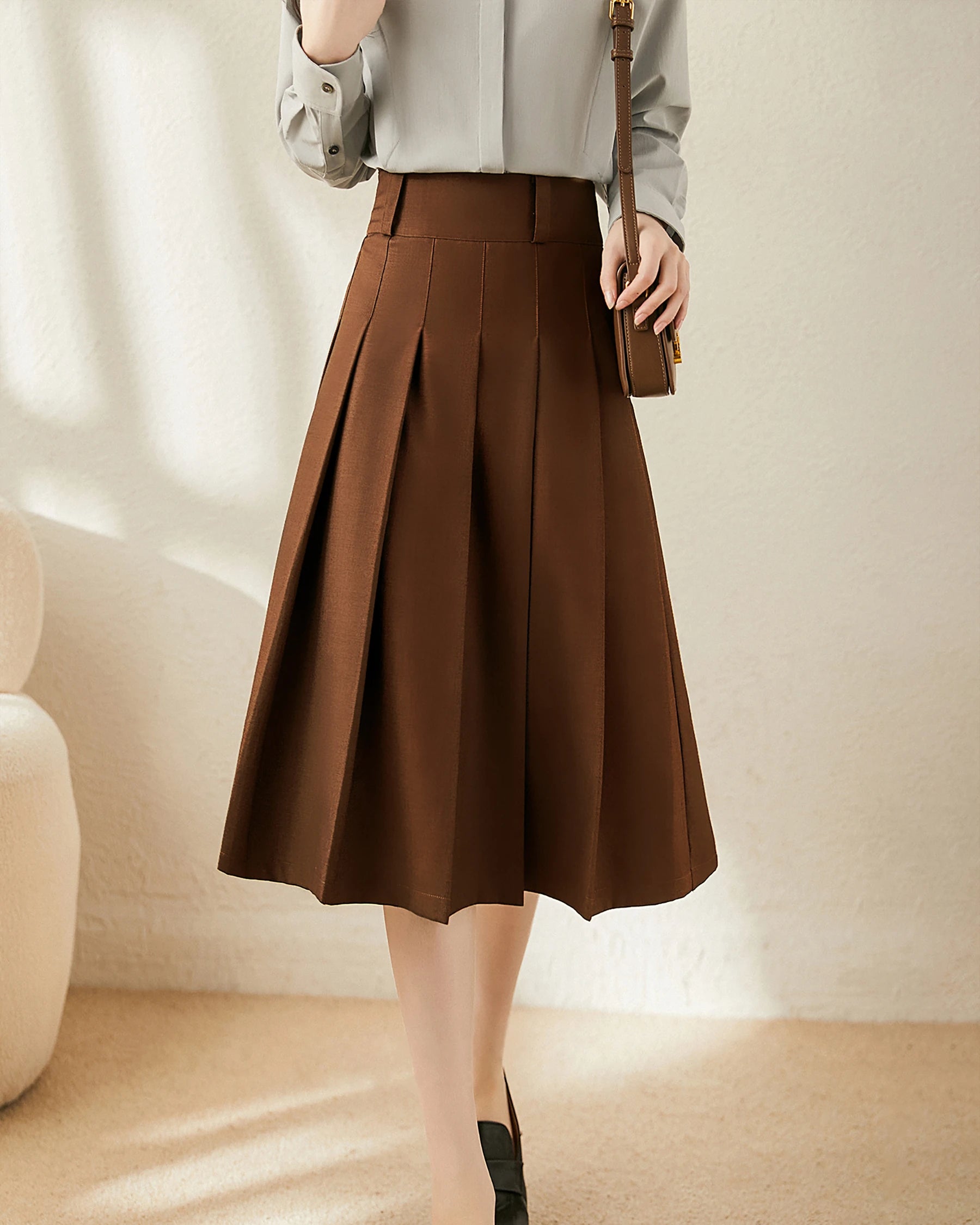 Elegant A-Line Pleated Wool Midi Skirt for Women - Winter Fashion Staple - Perfect for Office, Parties & Holiday Outfits
