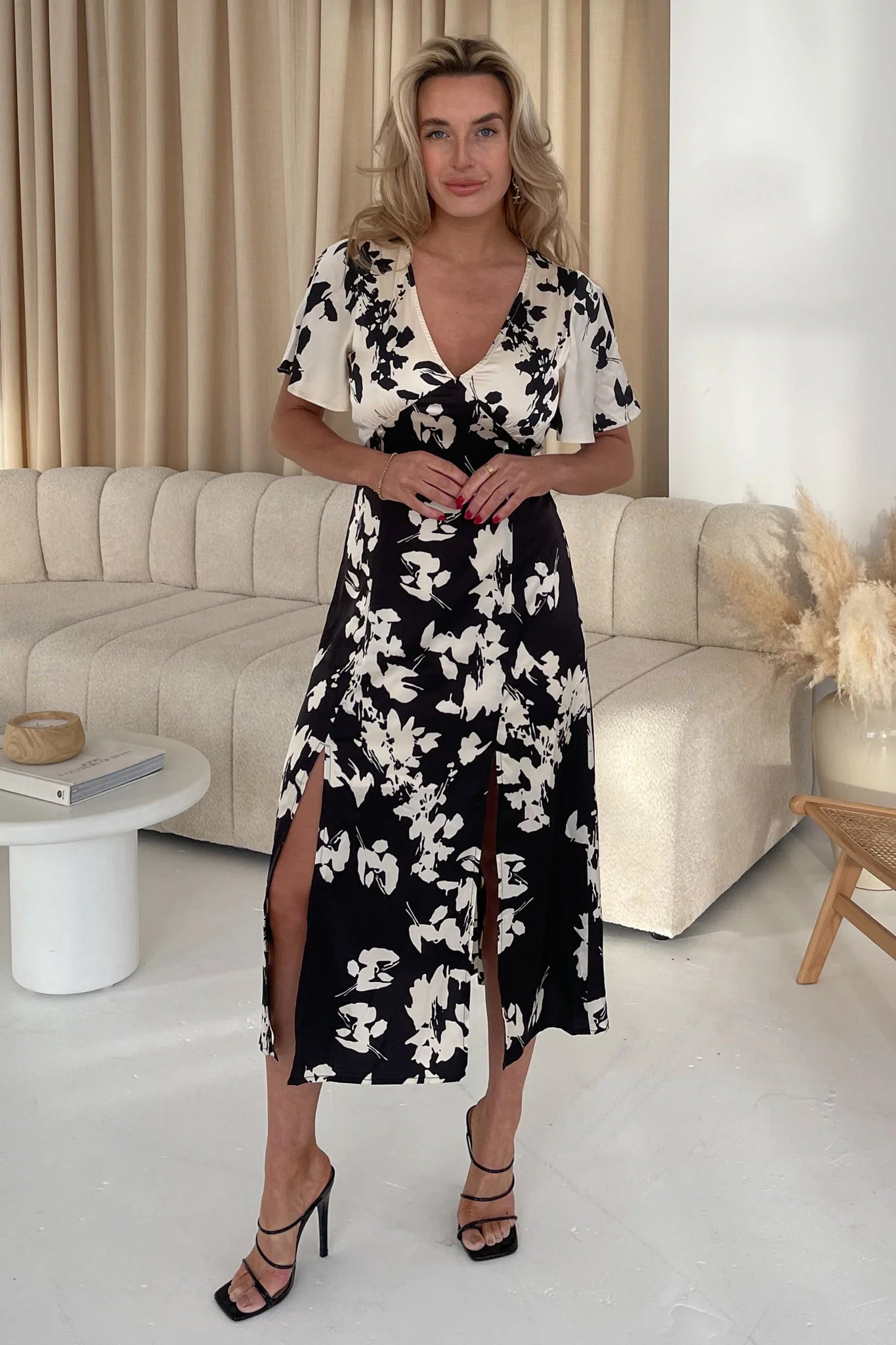 LEVI ANGEL SLEEVE SPLIT LEG MIDI DRESS - Monochrome Black & White Floral Print Women's Summer Dress for Casual Wear, Date Night & Beach Vacation