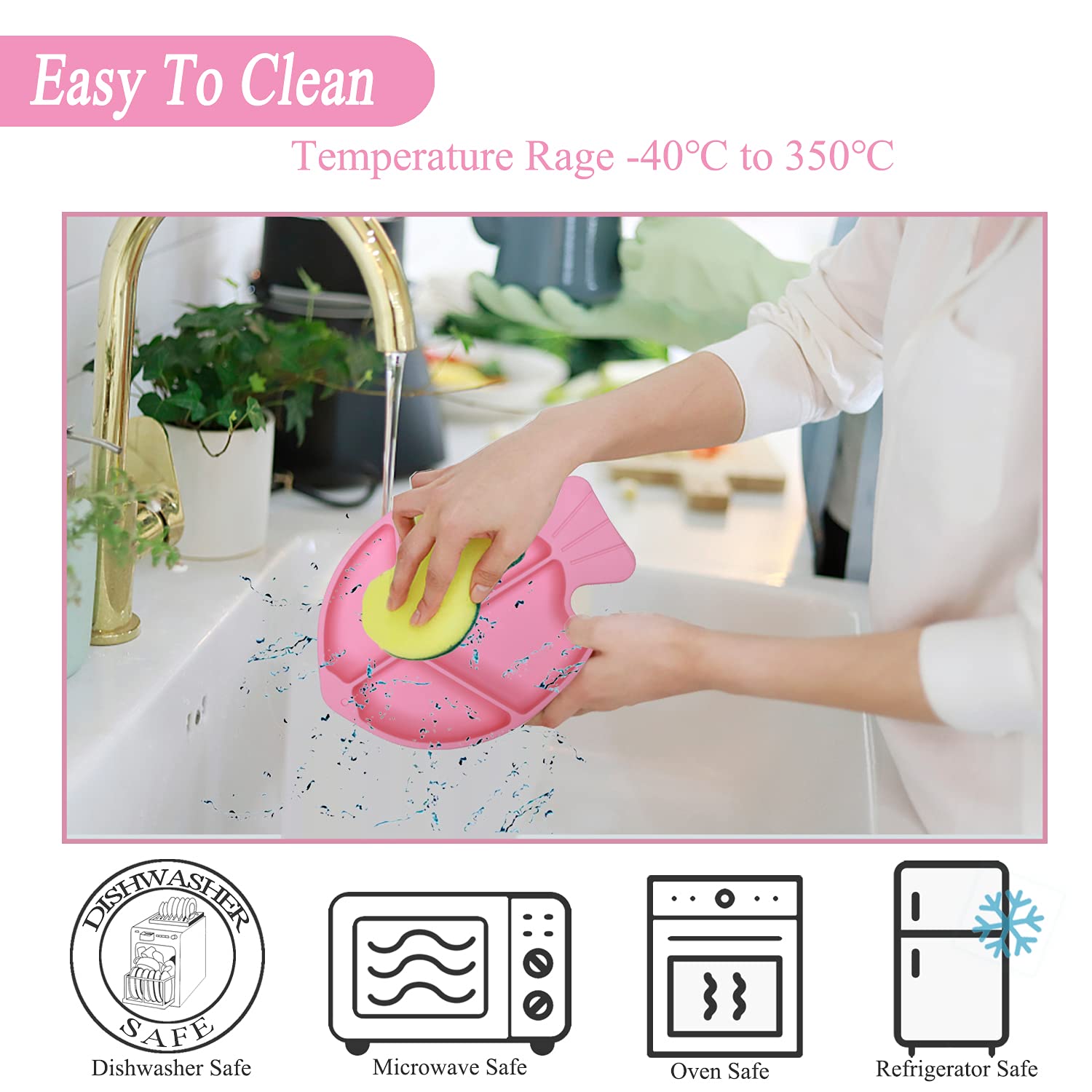 **Baby Feeding Dish Set with Spoon & Fork - 3-Piece Divided Silicone Suction Plates for Toddlers & Kids - BPA-Free, Microwave & Dishwasher Safe - Pink Fish Design - Perfect for Home, Travel & Daycare Use**