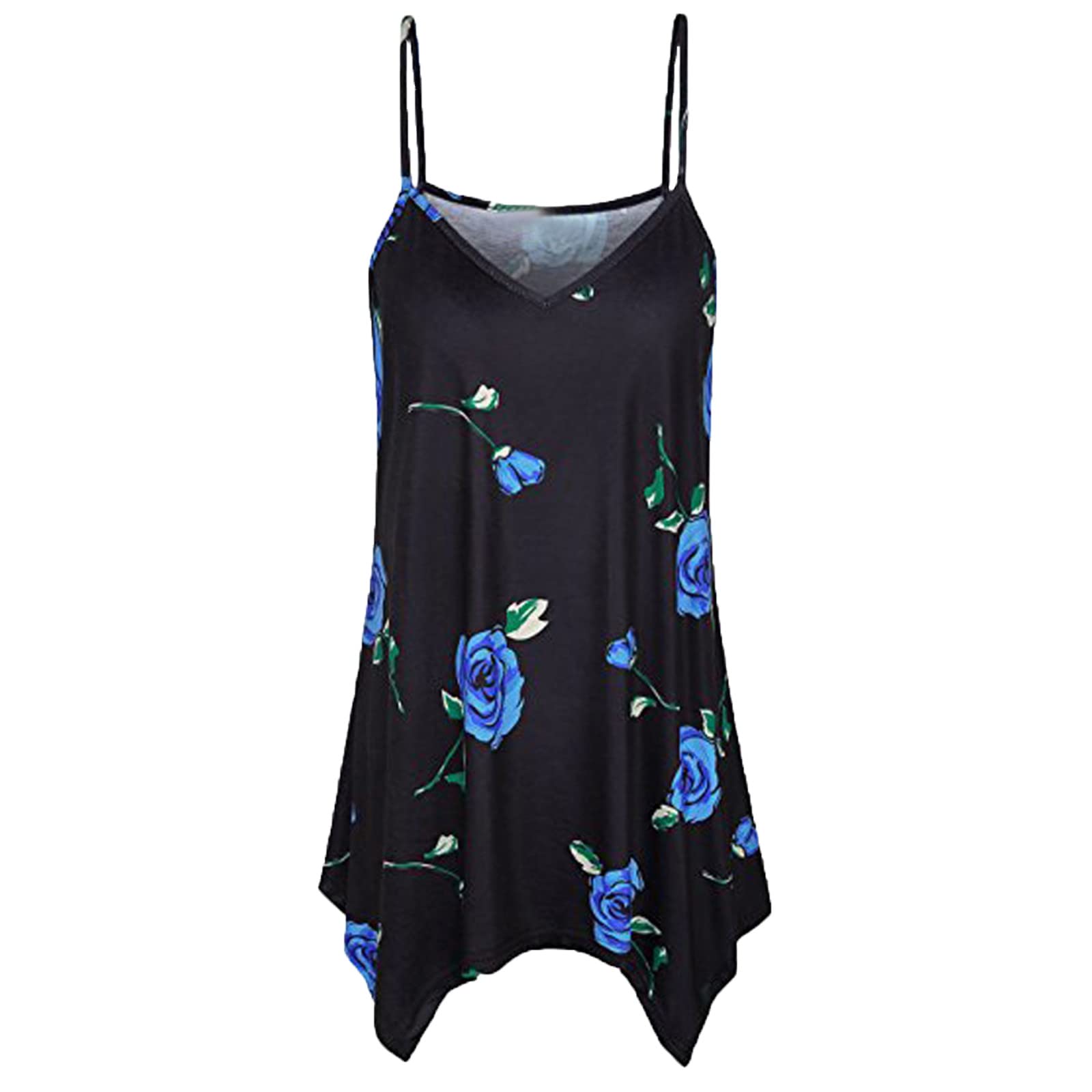Vintage Floral Spaghetti Strap Tank Top for Women - V Neck Asymmetrical Hem Blouse - Sexy Fashion Tee for Summer, Beach, and Casual Outings